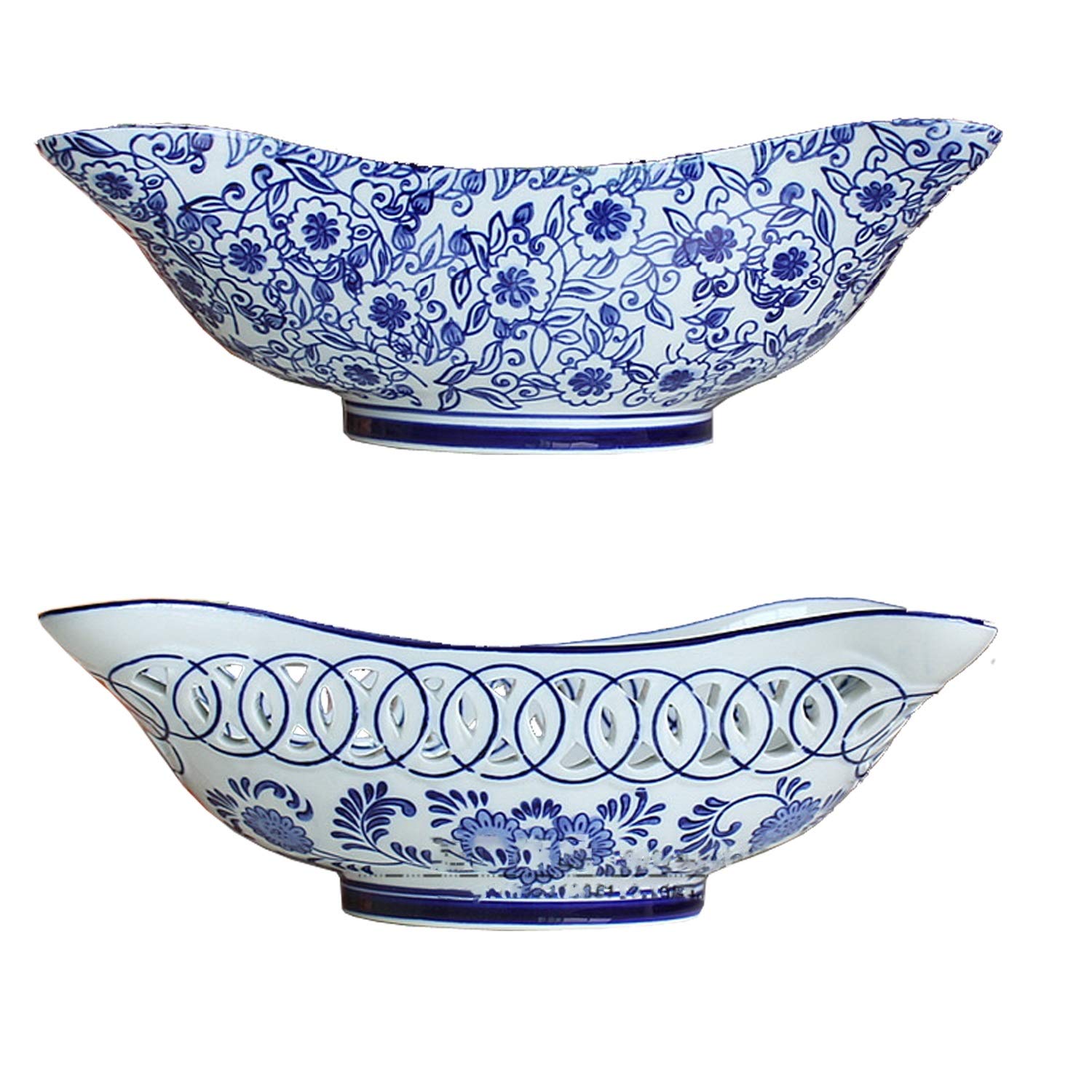 11” Blue and White Porcelain Food Storage Basket - Ship-Shaped Fruit & Candy Basket - Handcrafted Table Decor - Chinese Artwork Gift Set (2 Pieces) for Kitchen, Dining Table, Party Serving, and Home Decor