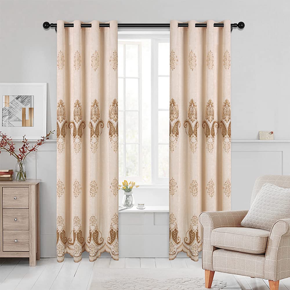 Luxury Beige Chenille Blackout Curtains for Living Room - 2 Panels Thermal Insulated Grommet Drapes with Embroidery (120