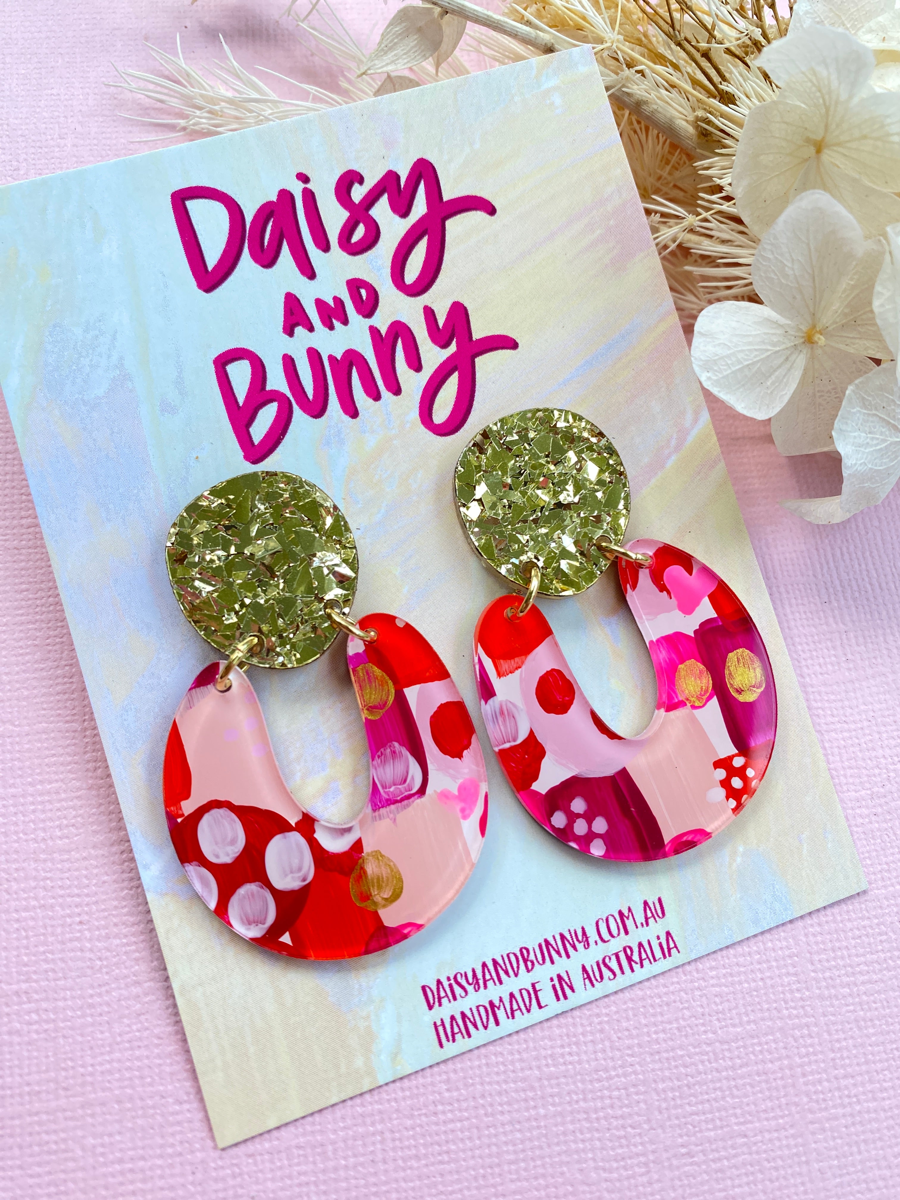 Hand Painted Piper Dangle Earrings in Red and Pink by Daisy & Bunny - Perfect for Parties, Weddings & Everyday Wear