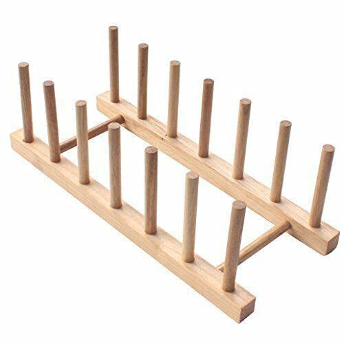 Wooden Dish Rack Plate Stand & Pot Lid Holder - Kitchen Cabinet Organizer Storage for Utensils, Plates & Cookware - Space Saving Kitchen Shelf Organizer for Countertop, Pantry & Cabinet Storage - Perfect for Small Kitchens & Apartment Living