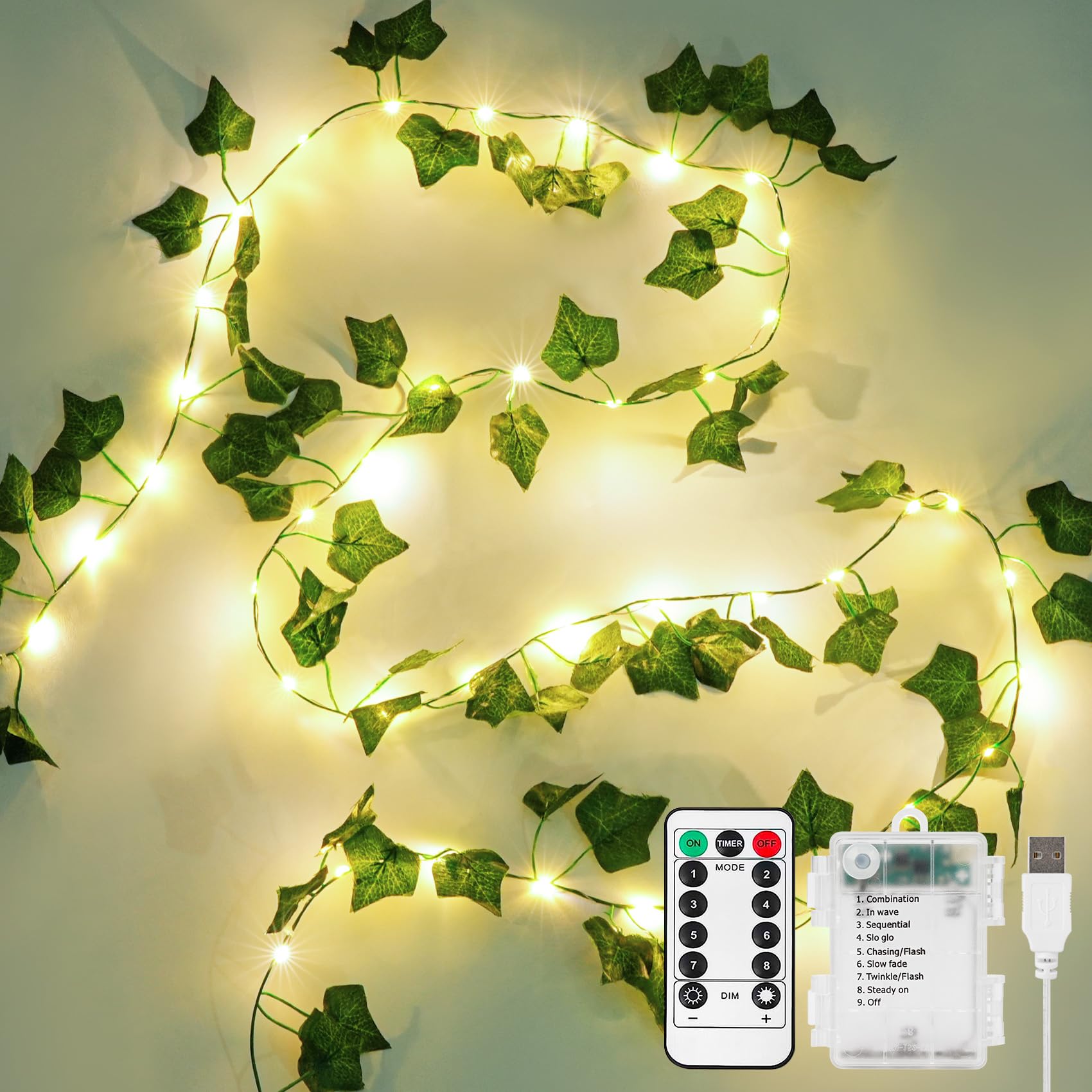 100 LED Fairy Vine Lights with Remote - 33ft Battery/USB Operated Ivy Garland String Lights for Bedroom, Garden, Party & Wall Decor | Romantic Ambiance, Wedding Backdrop, Outdoor Patio Lighting