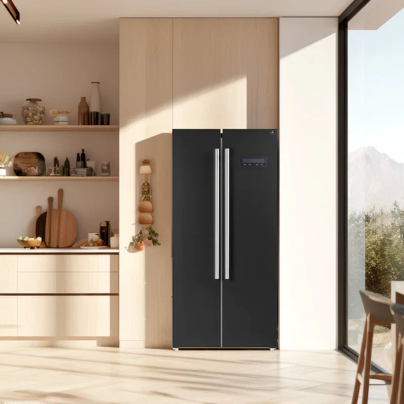 Forno Salerno 33 Inch Side by Side Refrigerator - 15.6 Cu.Ft. Capacity, Brass Handle, Energy Efficient, Black Stainless Steel (FFRBI1805 33BLK) - Perfect for Kitchen, Office, or Entertainment Spaces