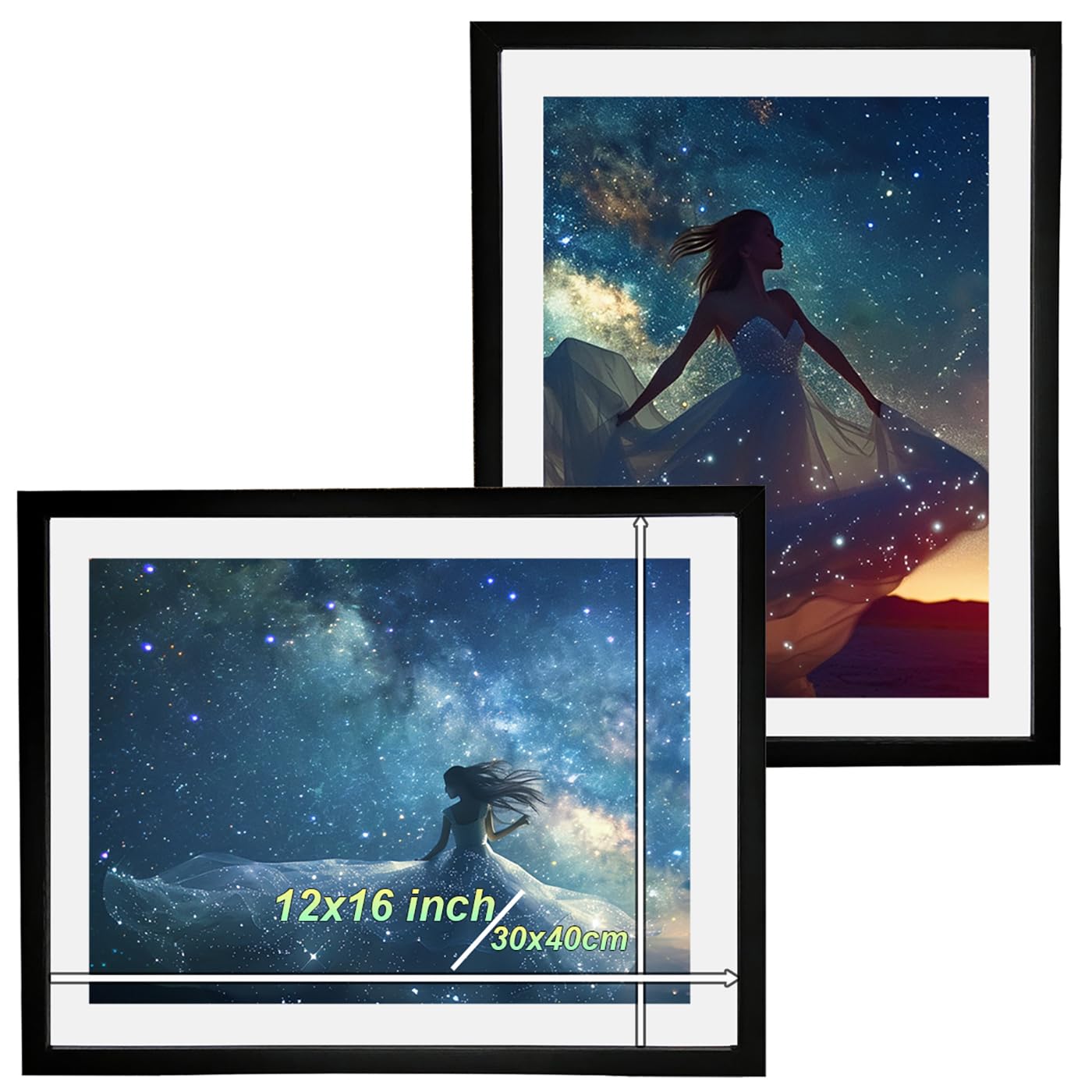 Betionol 12x16 Picture Frame 2 Pack - Black Solid Wood Frame with Acrylic Glass for 12x16in/30x40cm Diamond Paintings, Photos & Prints - Includes Back Mat & Hanging Kit - Perfect for Home Decor, Office Display & Gift Giving