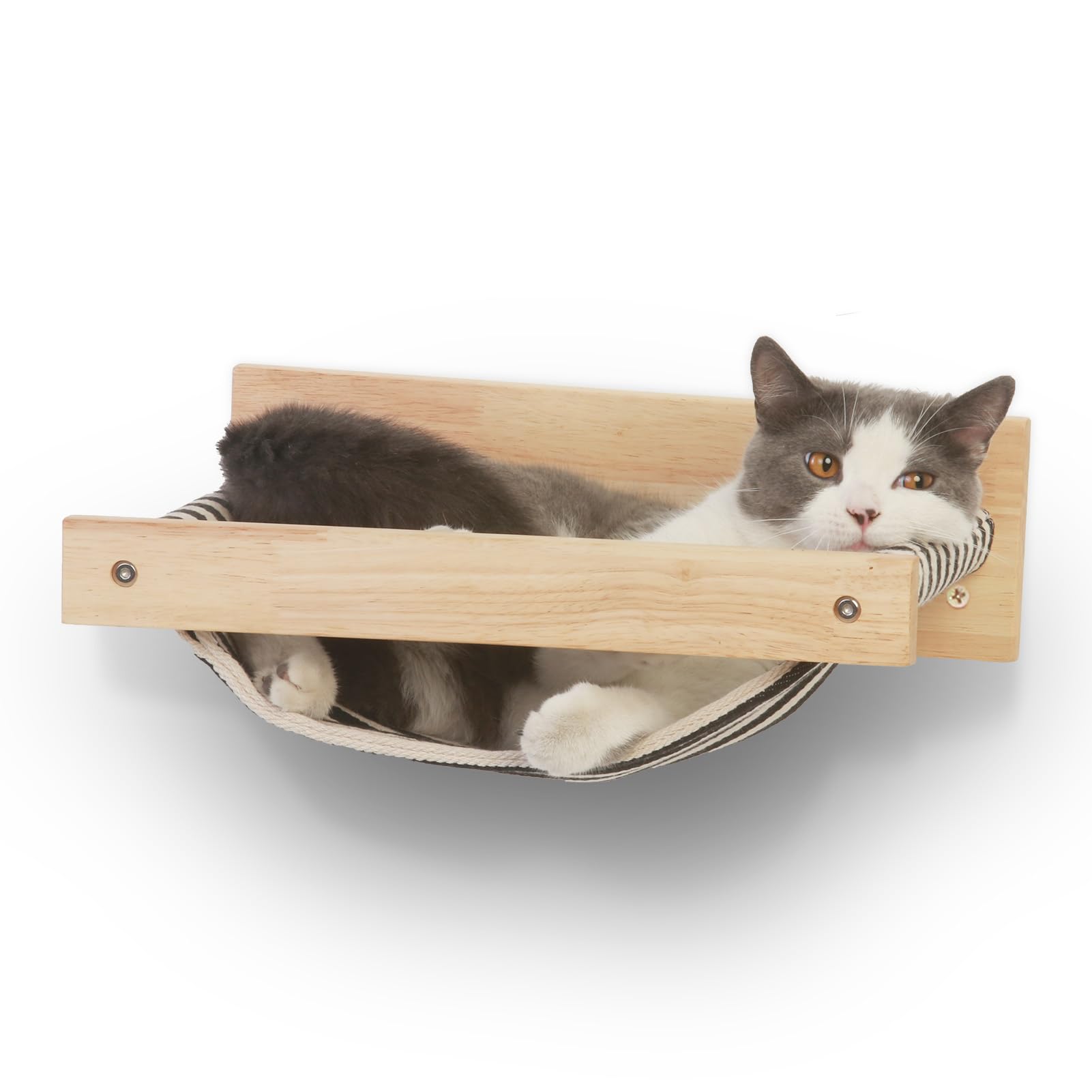 FUKUMARU Wall Mounted Cat Hammock Bed - Wooden Kitten Perch & Climbing Shelf for Sleeping, Playing, Lounging - Stable Cat Wall Furniture with Black Stripe Design - Perfect for Small Spaces & Multi-Cat Homes