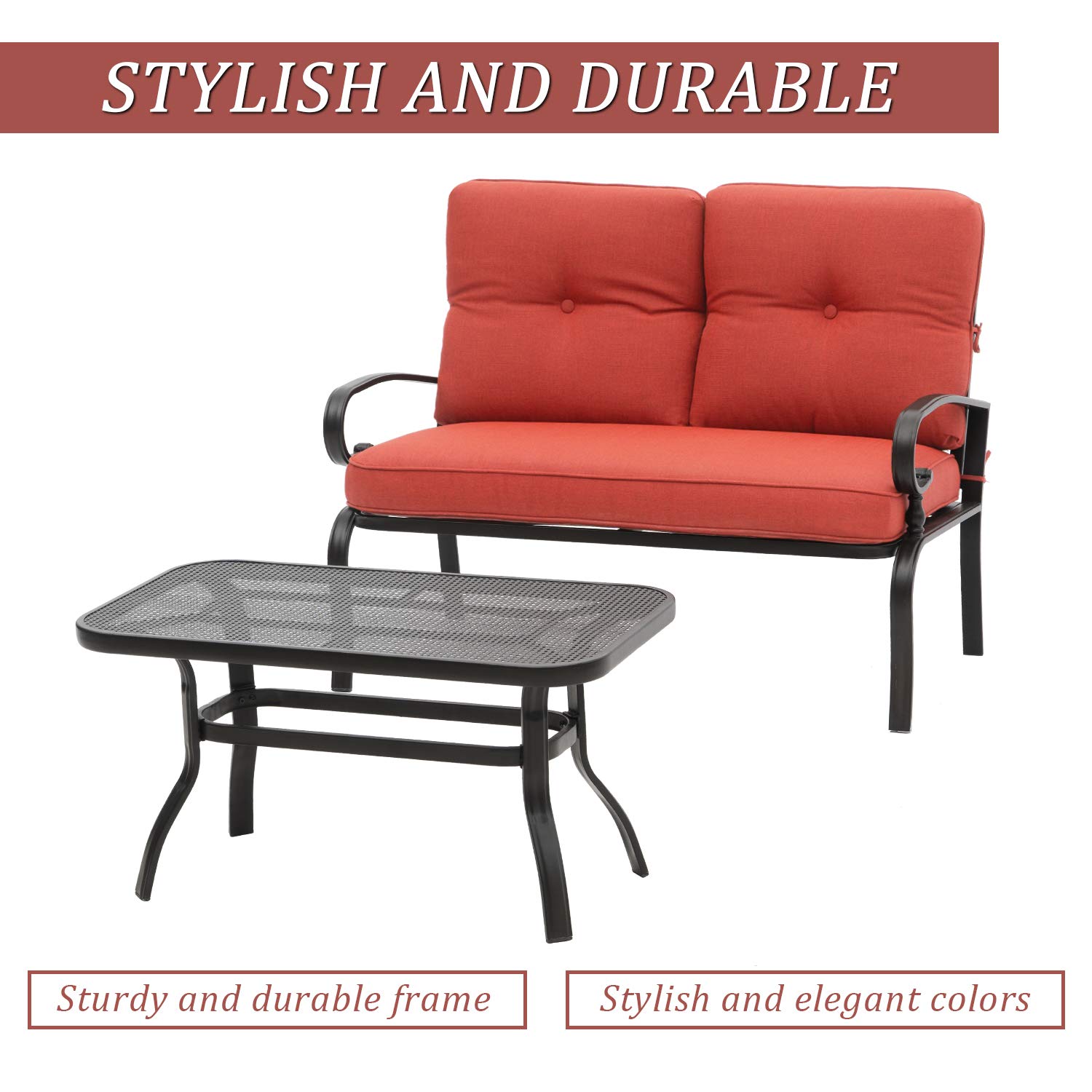 2-Piece Outdoor Patio Loveseat Set with Coffee Table - Wrought Iron Garden Bench with Red Cushion for Backyard, Porch, Balcony | Perfect for Relaxing, Entertaining & Outdoor Dining