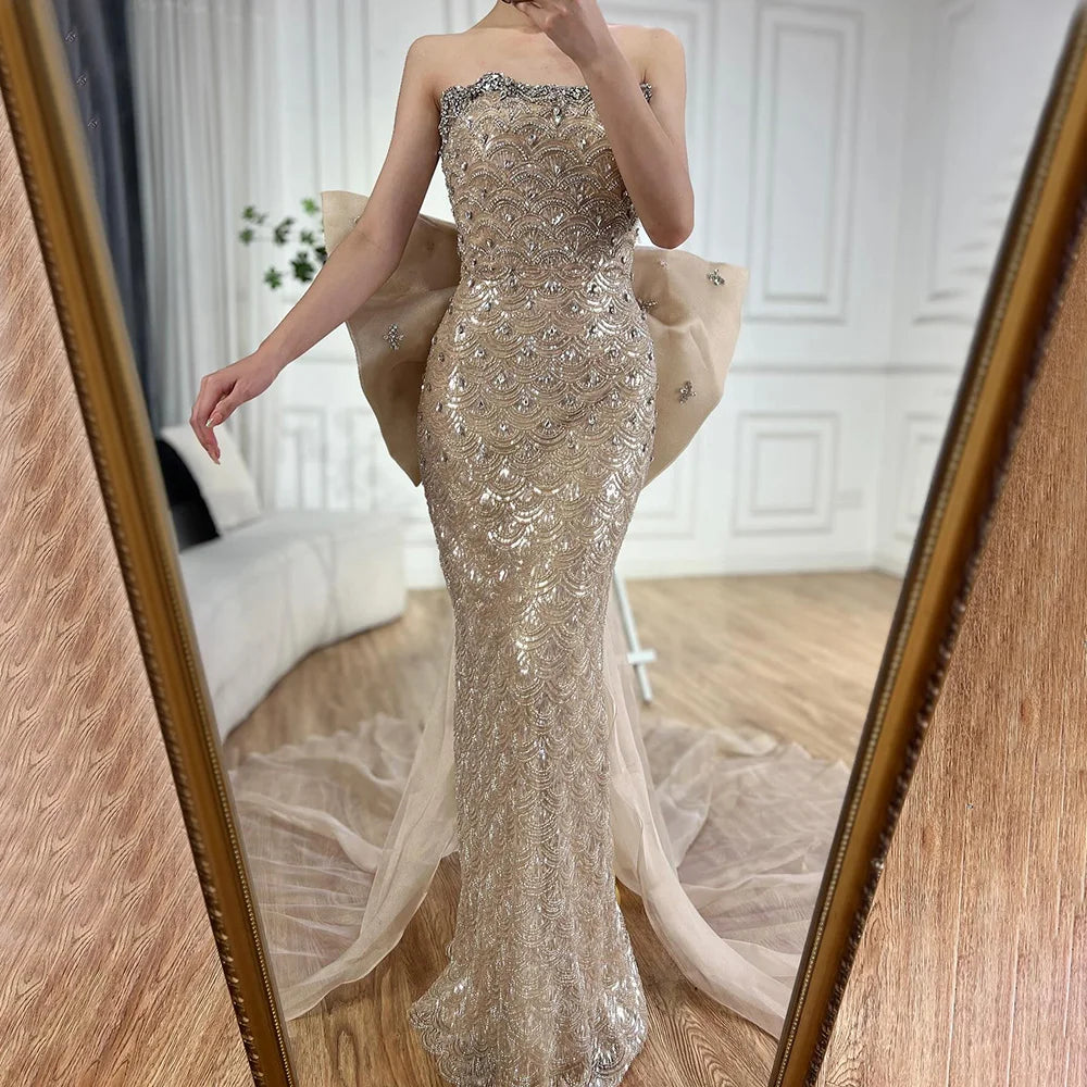 Luxury Dubai Nude Saudi Arabic Evening Gown with Beaded Tassel Dress for Formal Occasions - Elegant Party Wear for Weddings, Galas & Special Events LA72730