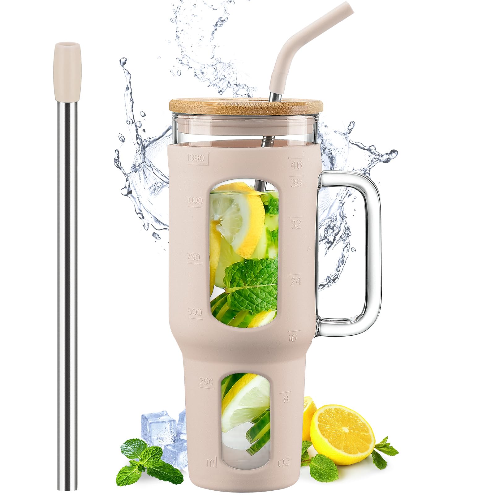 46 oz Glass Tumbler with Lid & Straw - BPA Free Iced Coffee Cup with Handle & Silicone Sleeve - Reusable Water Bottle for Home, Office, Gym - Includes Pearl Straw & Drinking Straw (Amber)