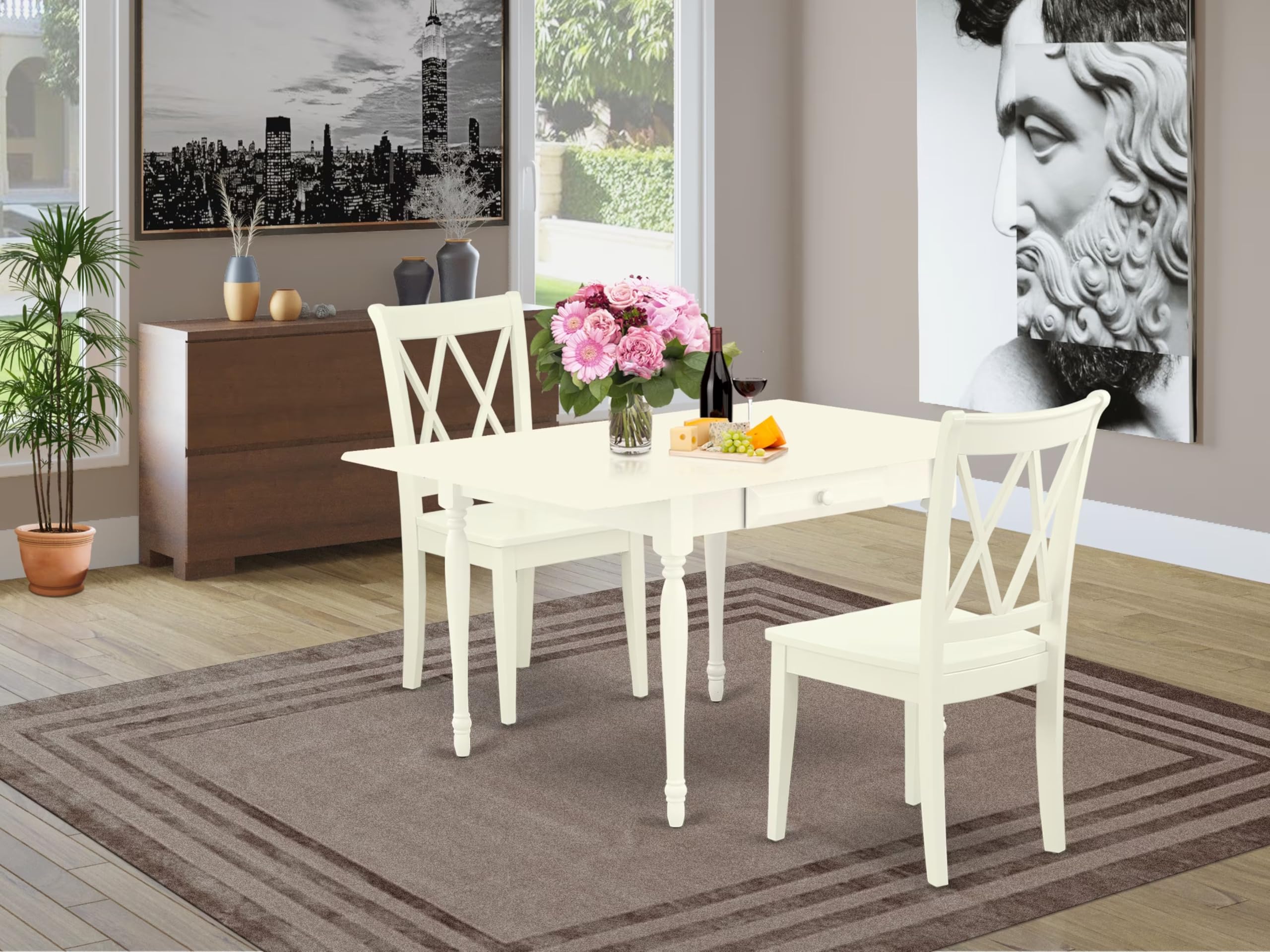 East West Furniture MZCL3-LWH-W 3 Piece Small Space Dinette Set with Drop Leaf Rectangle Dining Table & 2 Chairs, 36x54 Inch, Linen White - Perfect for Apartments, Breakfast Nooks & Cozy Dining Areas