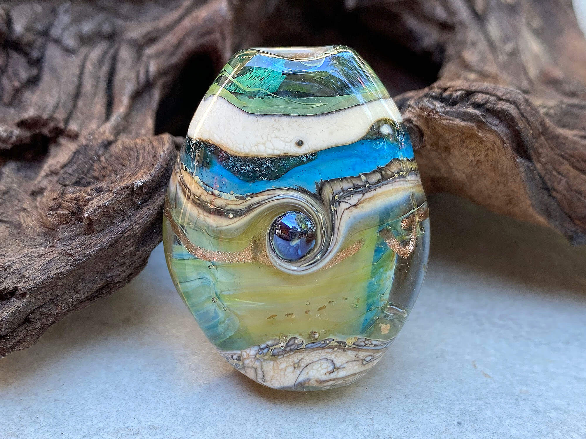 Blue Green Organic Lampwork Focal Bead SRA - Handmade Glass Bead for Jewelry Making, DIY Crafts, Necklaces & Bracelets - Perfect for Boho, Hippie & Artisan Jewelry Designs