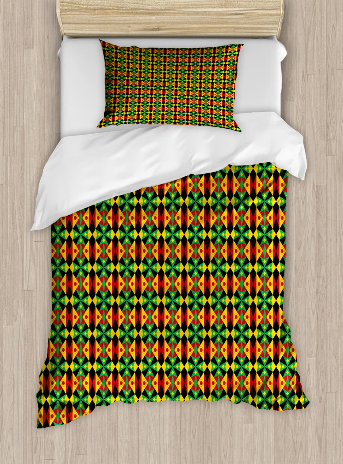 Ambesonne Kente Pattern Duvet Cover Set - King Size 2-Pack with 2 Duvet Covers & 4 Pillowcases - Indigenous African Heritage Tile Design with Geometric Triangles and Circles - Vibrant Multicolor Bedding for Namibia Botswana Inspired Decor - Perfect for Master Bedroom, Guest Room or Cultural Themed Home Styling
