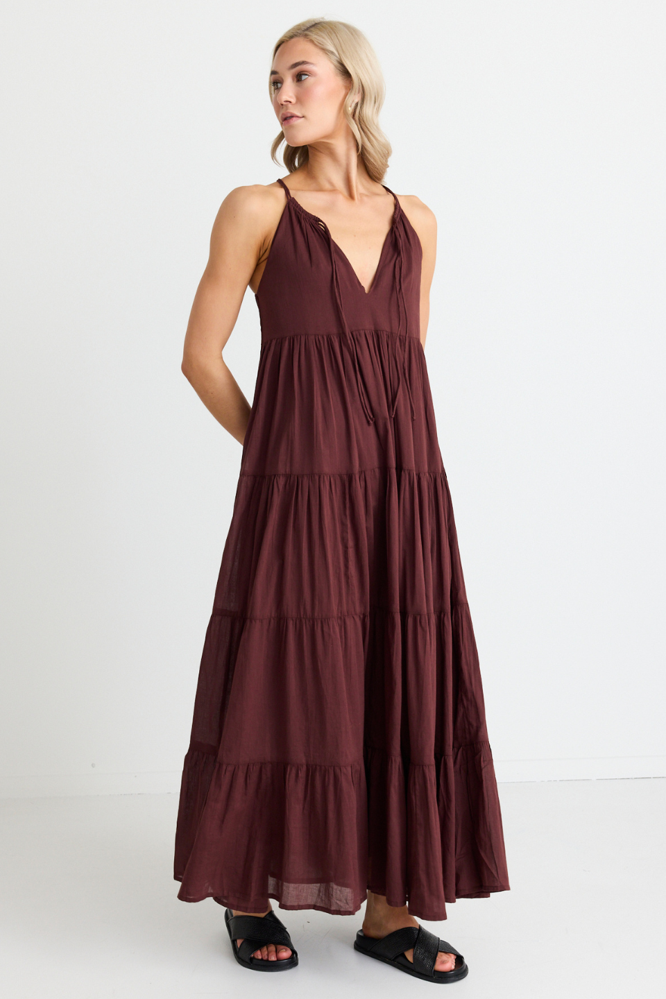 Elegant Rosewood Strappy Tiered Maxi Dress for Women - Boho Summer Beach Wedding Party Dress | Perfect for Vacations, Date Nights & Special Occasions