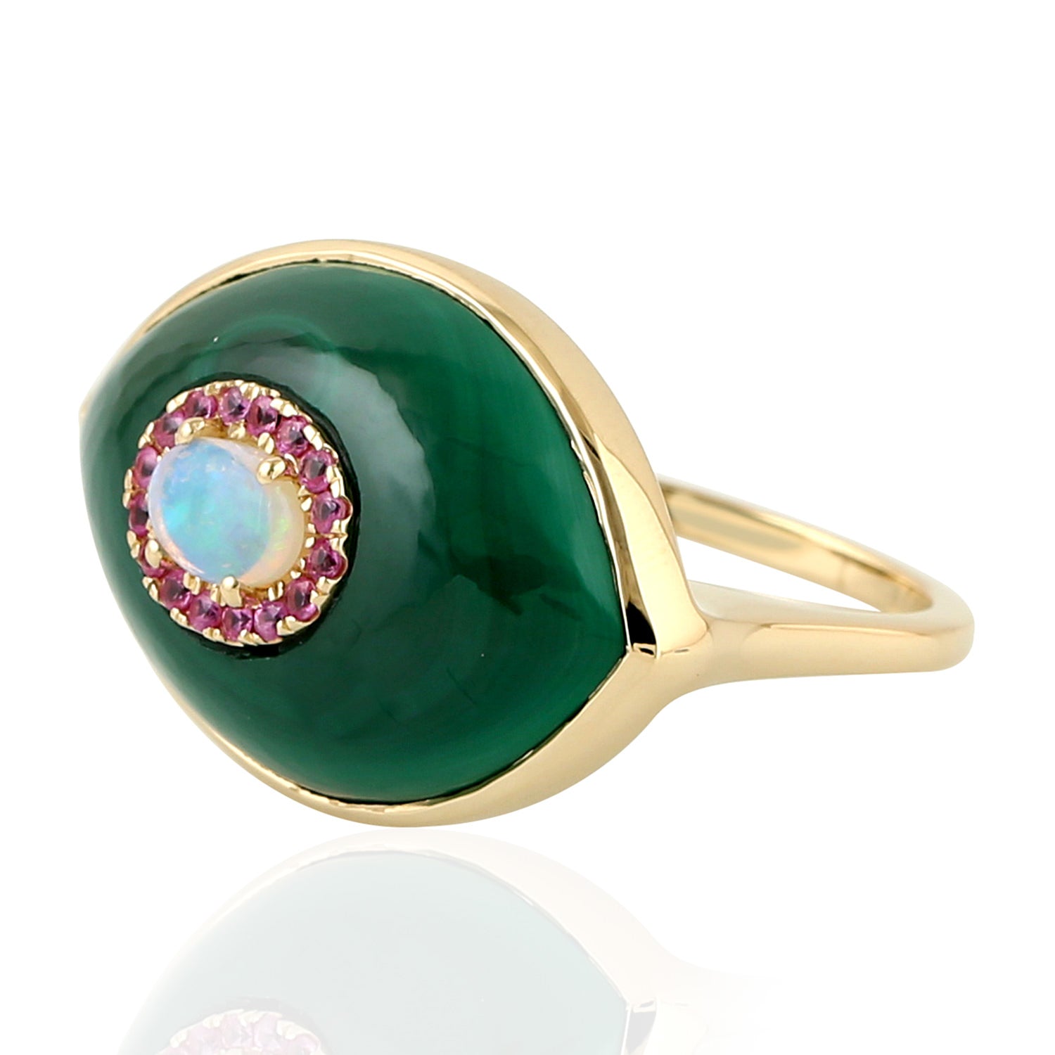 Fancy Cut Malachite Pink Sapphire Prong Set Opal Ethiopian Evil Eye Ring in Gold - Elegant Jewelry for Protection & Style | Perfect for Gifts, Spiritual Healing & Fashion Accessories