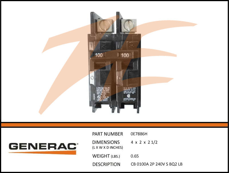 Generac 0E7886H 100 Amp 2-Pole 240V Circuit Breaker - Replacement for Generac Generators, Home Backup Power Systems & Electrical Panels