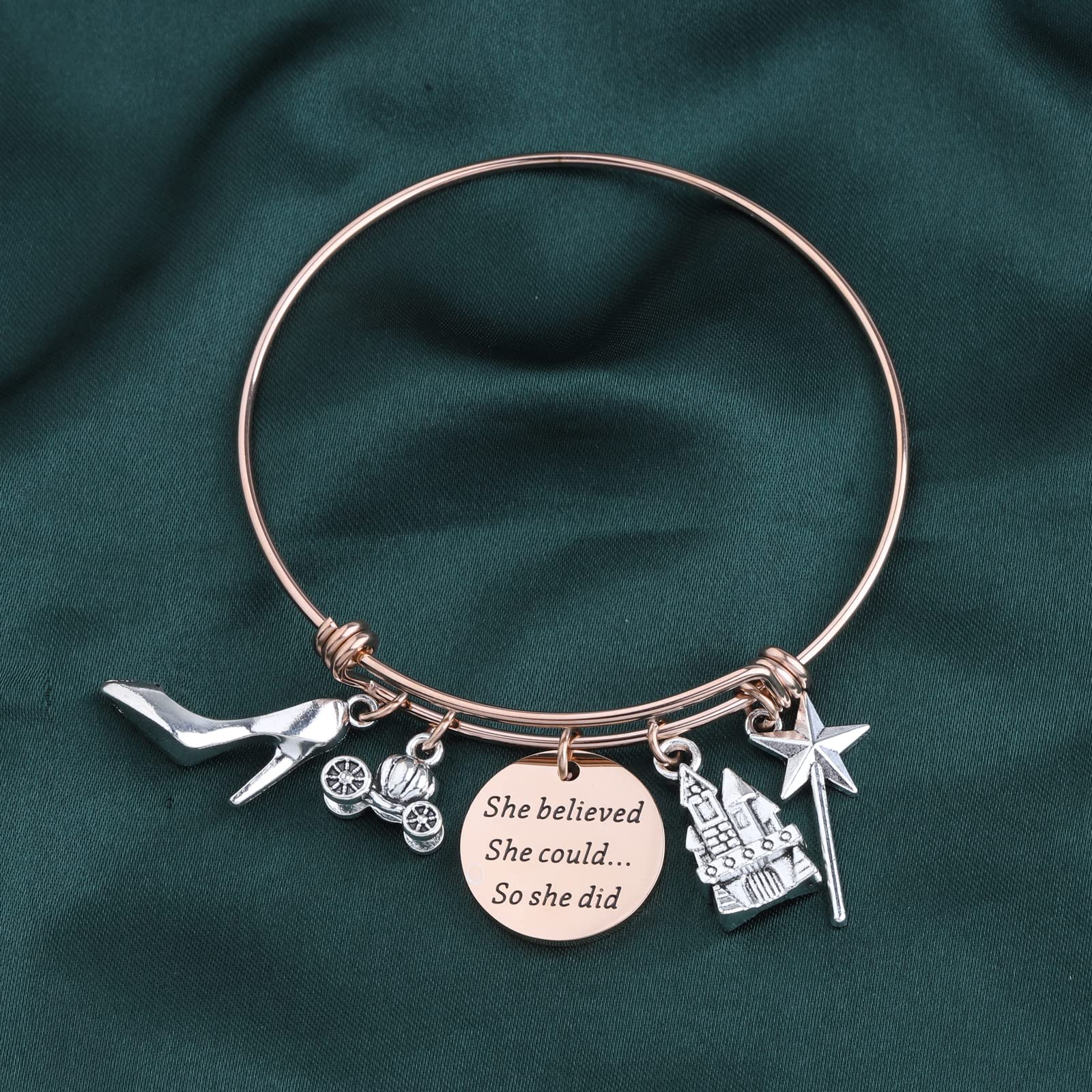 PLITI 'She Believed She Could So She Did' Inspirational Bracelet - Adjustable Stainless Steel Princess Jewelry Gift for Fairy Tale Fans, Best Friends & Women | Motivational Accessory for Daily Wear, Special Occasions & Gift Giving