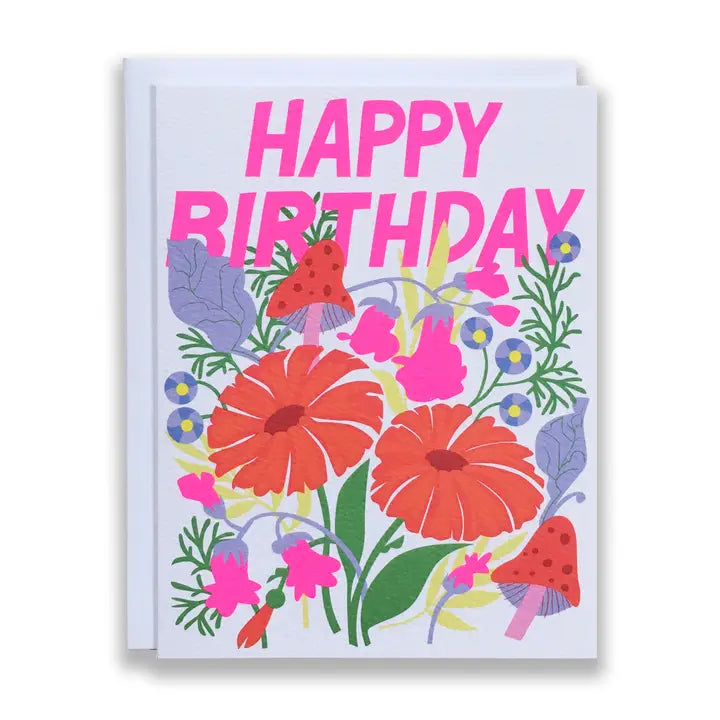 Happy Birthday Greeting Card with Mushrooms & Floral Design - Perfect for Birthdays, Anniversaries & Special Occasions