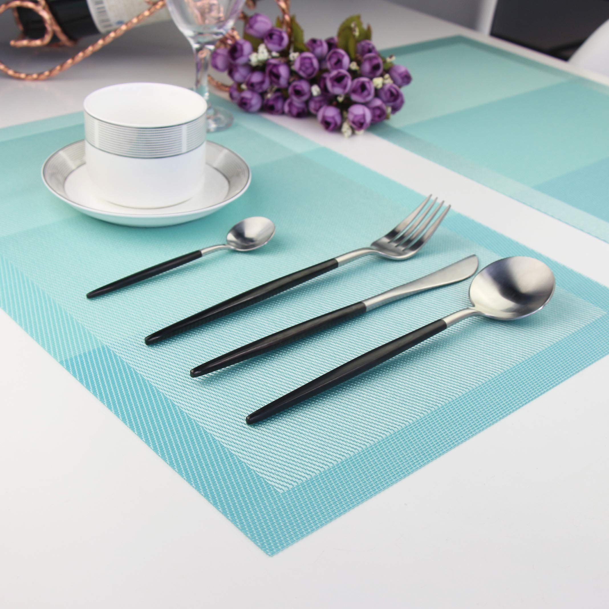 Non-Slip Plastic Placemats Set of 6 - Woven Vinyl Washable Table Mats 18x12 Inches for Dining Table - Easy to Clean & Durable - Perfect for Everyday Meals, Dinner Parties & Holiday Gatherings (Teal)