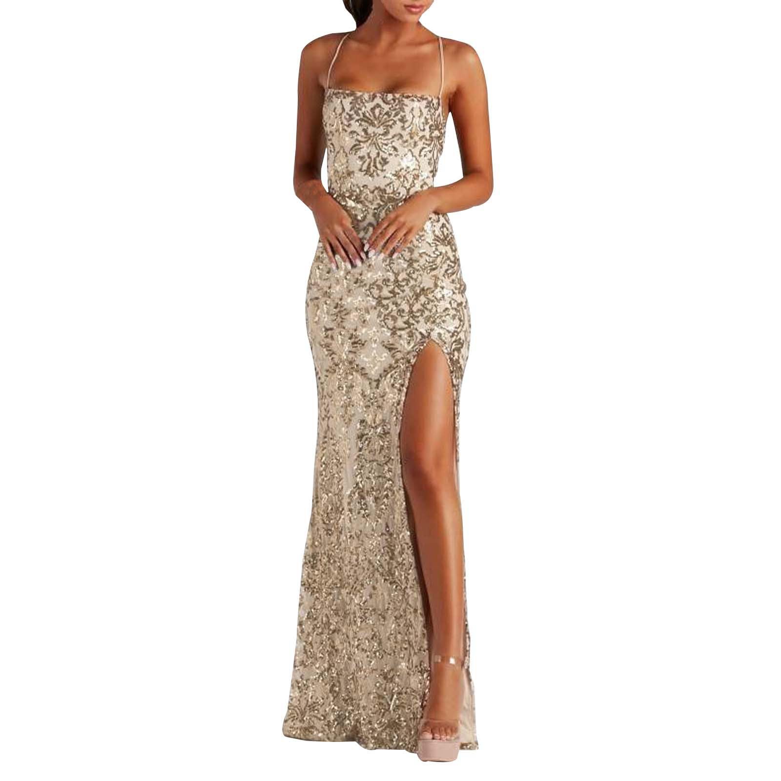 Elegant Women's Maxi Dress Spaghetti Strap Backless Bodycon Evening Party Dress with High Slit - Vintage Cocktail Dress for Night Out, Date Night, Formal Events & Summer Weddings