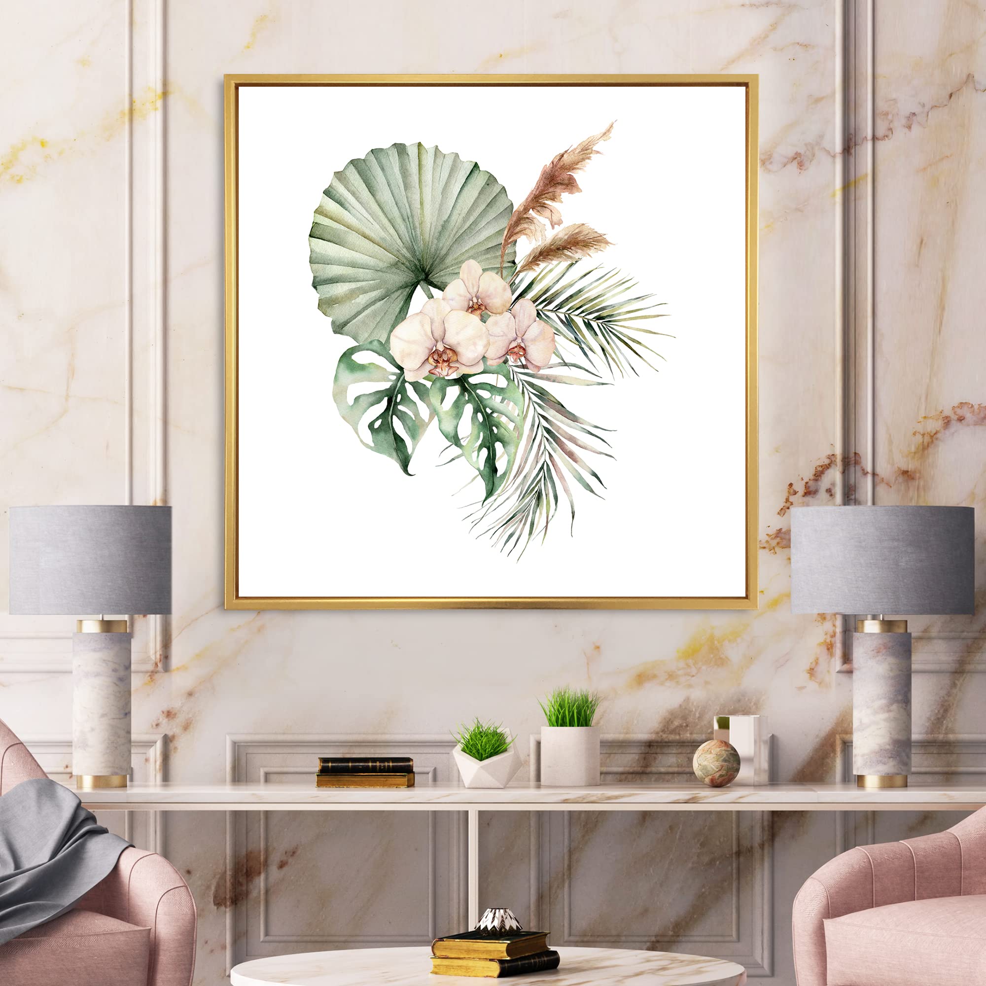 DesignQ Tropical Bouquet With Orchids & Palm Leaves - Framed Canvas Wall Art Print for Home Decor, Living Room, Bedroom, Office | Vibrant Floral Painting | Ready to Hang