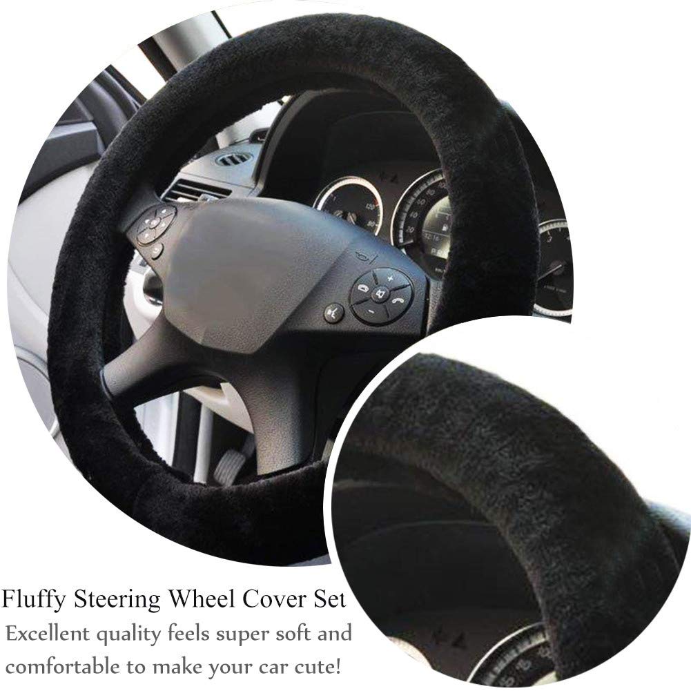 Fluffy Faux Wool Steering Wheel Cover Set - 3pcs Winter Warm Plush Car Accessories (Steering Wheel Cover, Handbrake Cover, Gear Shift Cover) - Universal Non-Slip Fit for Most Cars - 14.96