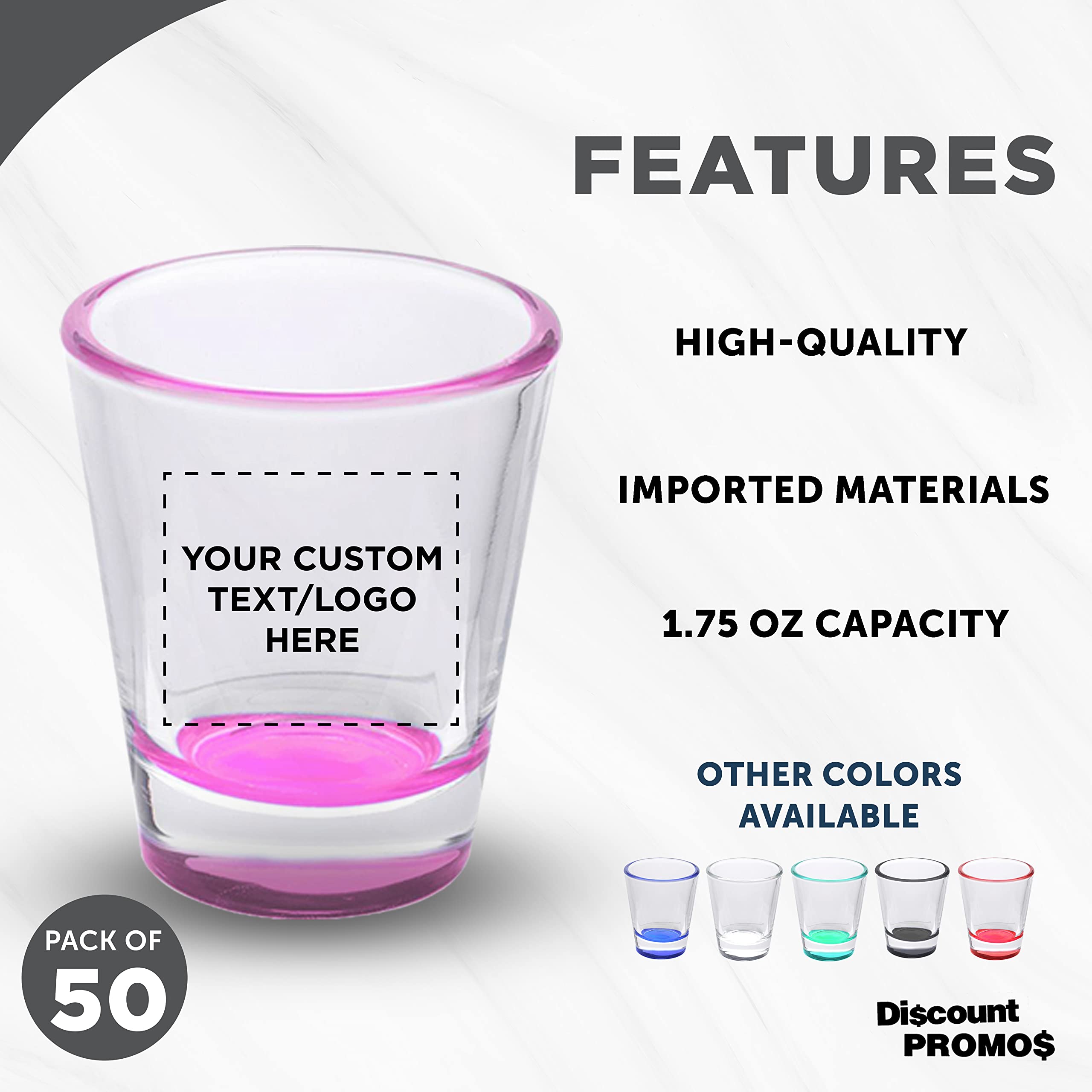 Custom Shot Glasses 1.75 oz (50-Piece Bulk Set) - Personalized Barware for Weddings, Bachelorette Parties & Events - Color Bottom Pink - Perfect for Cocktail Parties, Bridal Showers & Birthday Celebrations