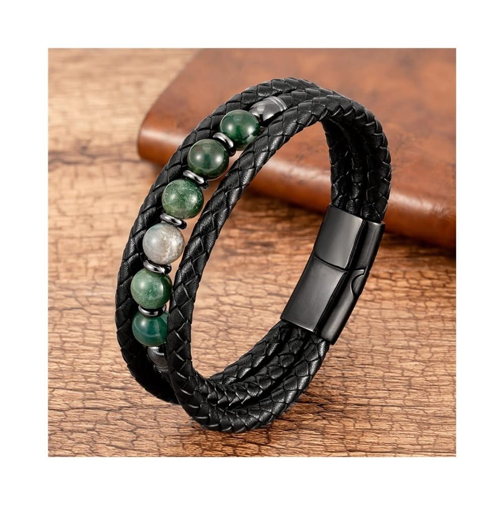 Multilayer Leather Beaded Bracelet for Men & Women - 8mm Beads, Adjustable 23cm Length, Green Metal Accents | Perfect for Casual Wear, Gifts & Boho Fashion