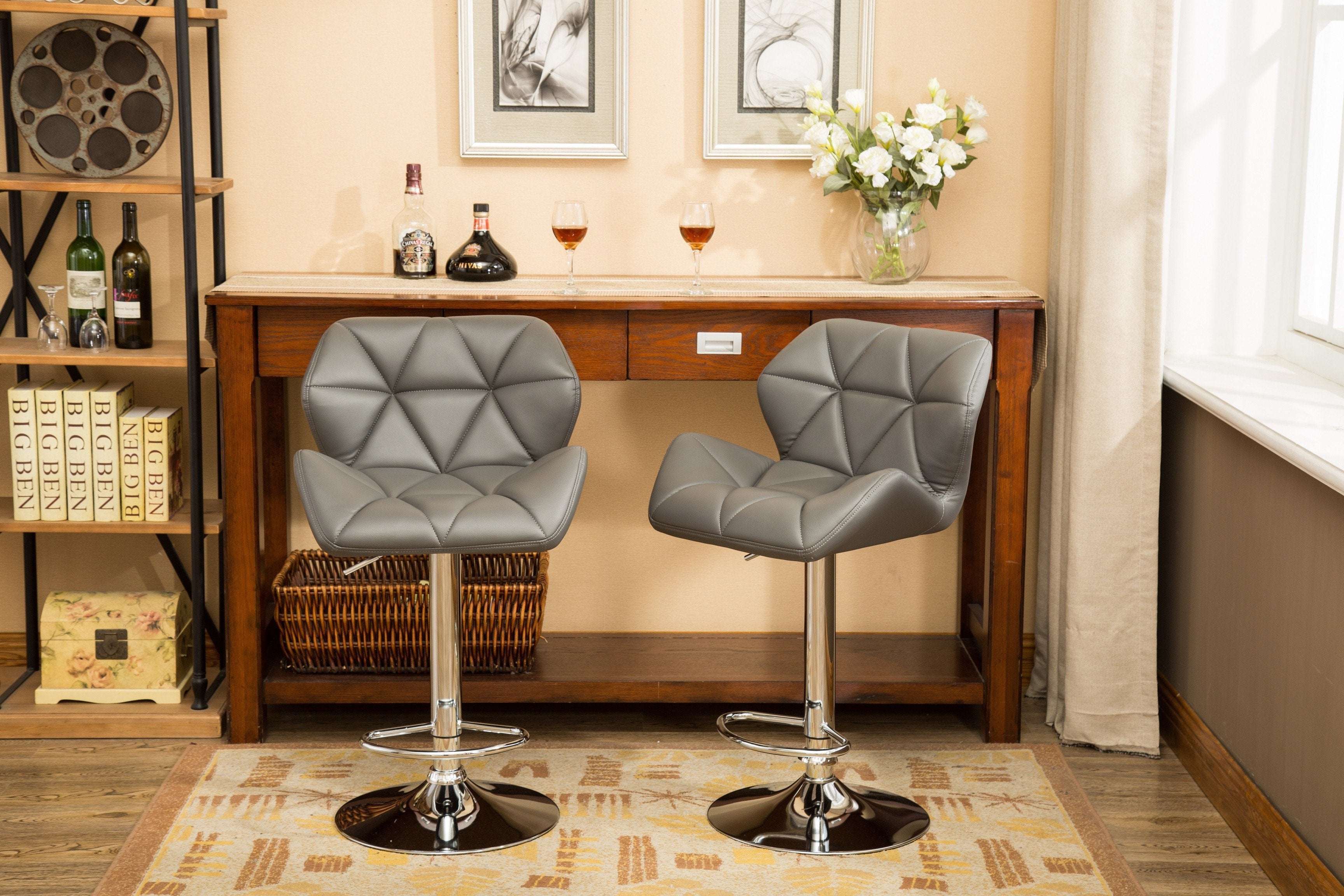 Roundhill Furniture Glasgow Contemporary Tufted Adjustable Height Hydraulic Bar Stools, Grey, Set of 2 - Perfect for Kitchen Islands, Home Bars & Modern Dining Areas