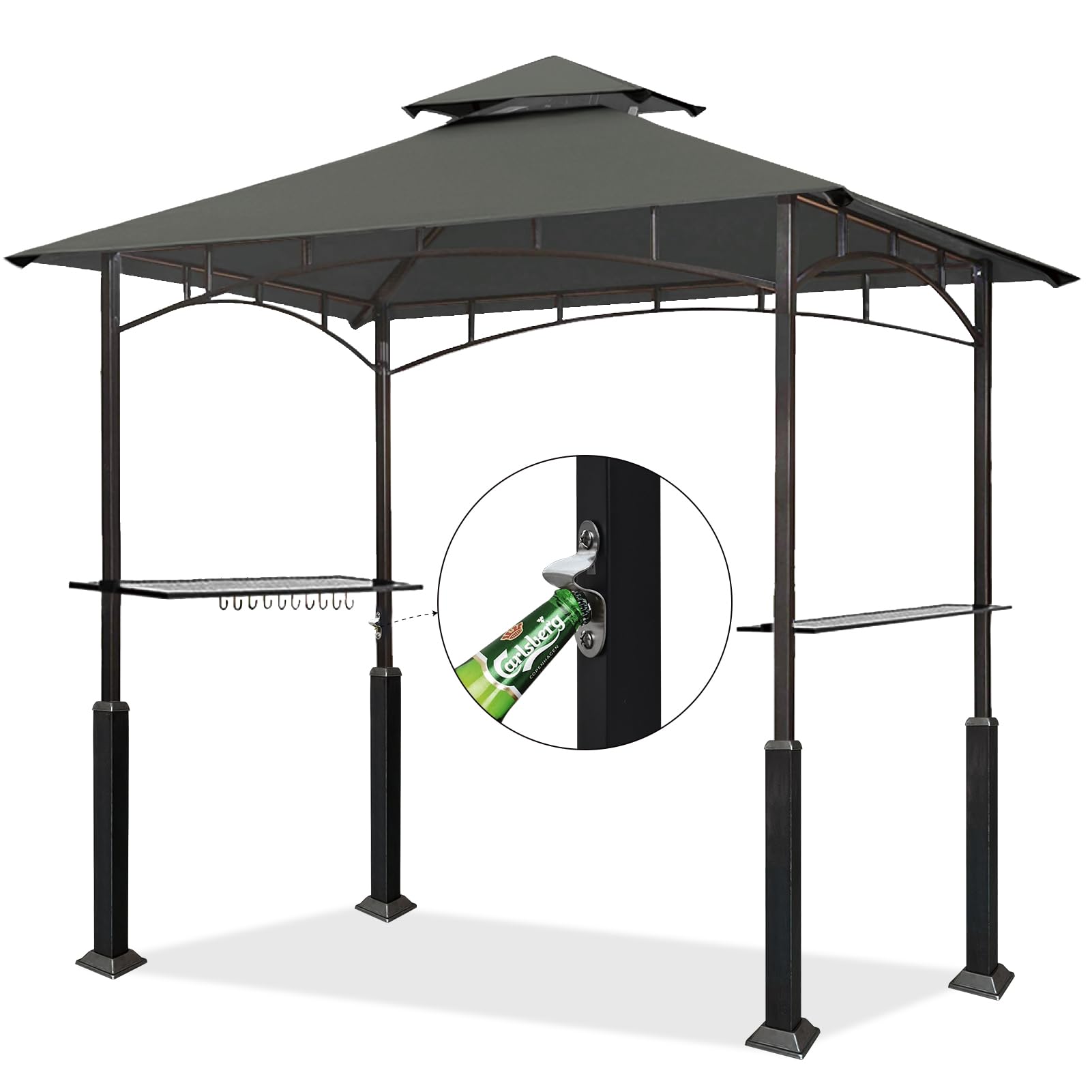 Eurmax USA 5x8 FT Grill Gazebo with Double Tier Canopy - Steel Frame Outdoor BBQ Shelter for Patio & Backyard, Includes 2 LED Lights & Bar Counters (Gray) - Perfect for Garden Parties, Camping & Outdoor Dining