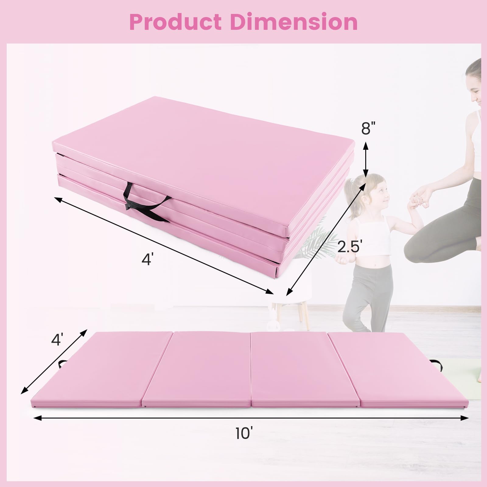 Goplus 10'x4'x2'' Folding Gymnastics Mat - Thick PU Leather Tumbling Mat with Hook & Loop Fasteners & Portable Handles - 4-Panel Exercise Mat for Home Gym, Yoga, Gymnastics, Martial Arts & Kids Play Area