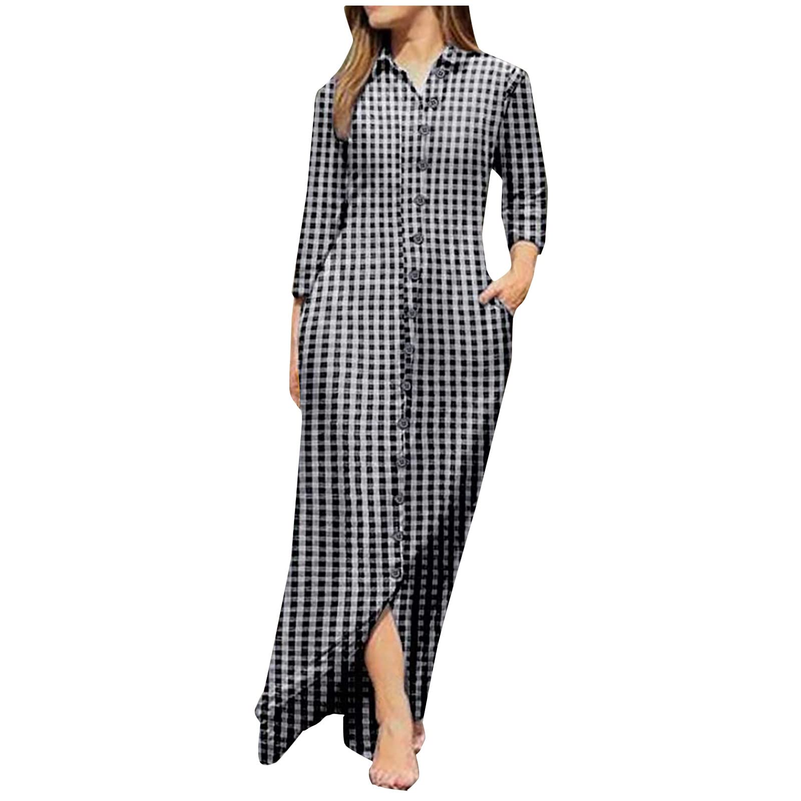 bmkBWO Women's Maxi Dress - Long Sleeve Lapel Button Down Summer Dress with Gingham Print | Casual Spring Shirt Dress for Beach, Office & Date Night