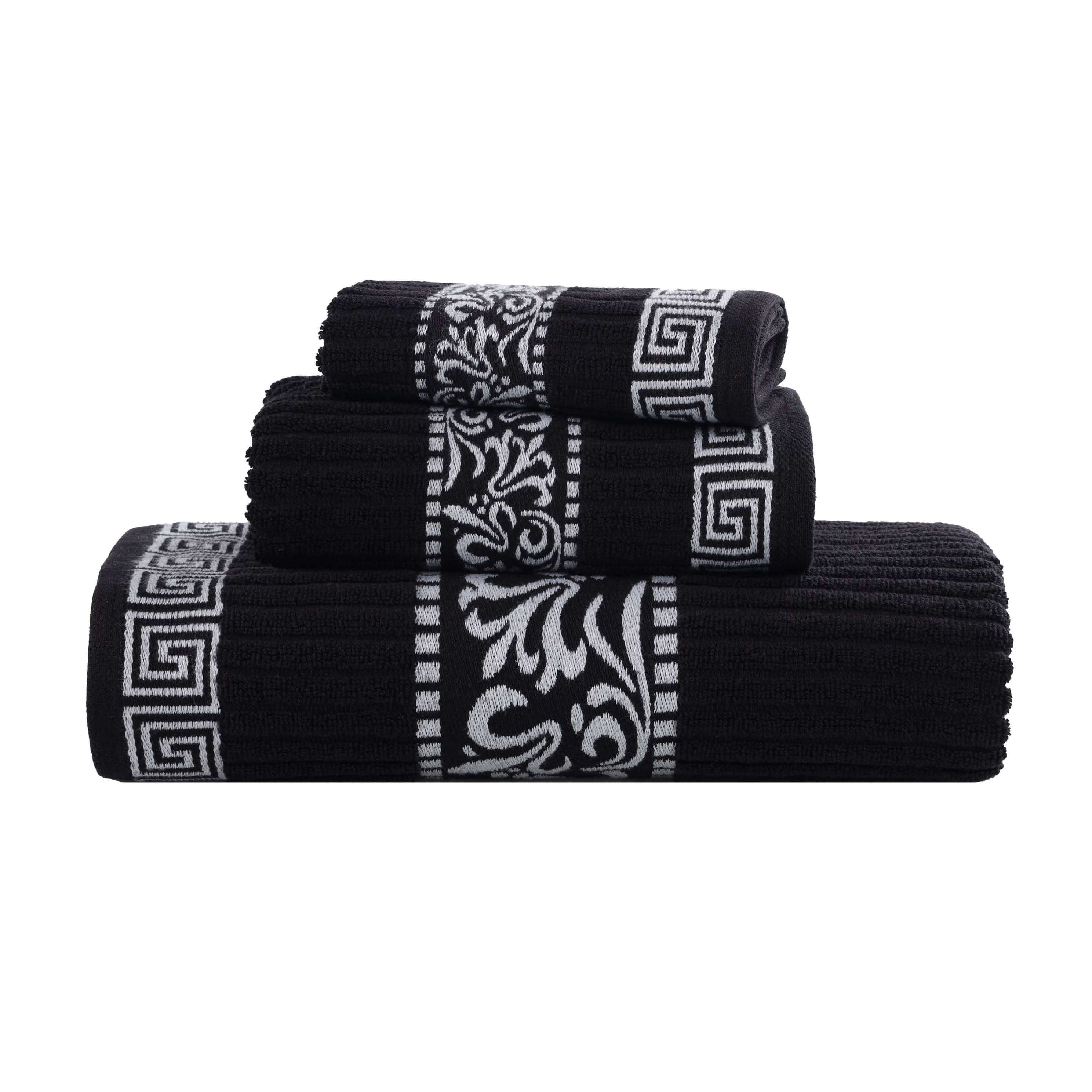 Premium Athens Cotton Greek Scroll & Floral 3-Piece Bath Towel Set - Soft Absorbent Luxury Towels for Spa, Bathroom & Guest Use