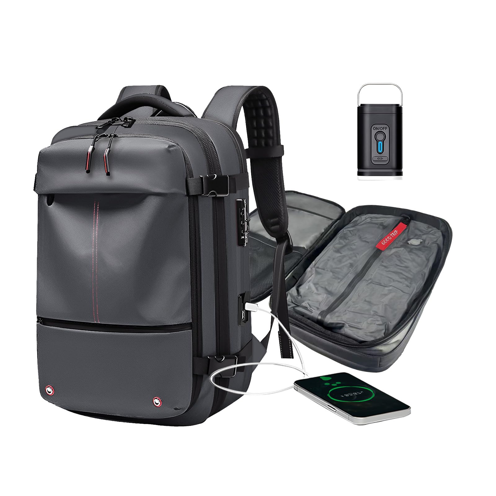 Airpack Backpack with USB Charging Port & Removable Vacuum Bag - Travel Laptop Backpack with Compression System, Built-in Lock & Air Pump for Business Trips, Vacations & Outdoor Adventures
