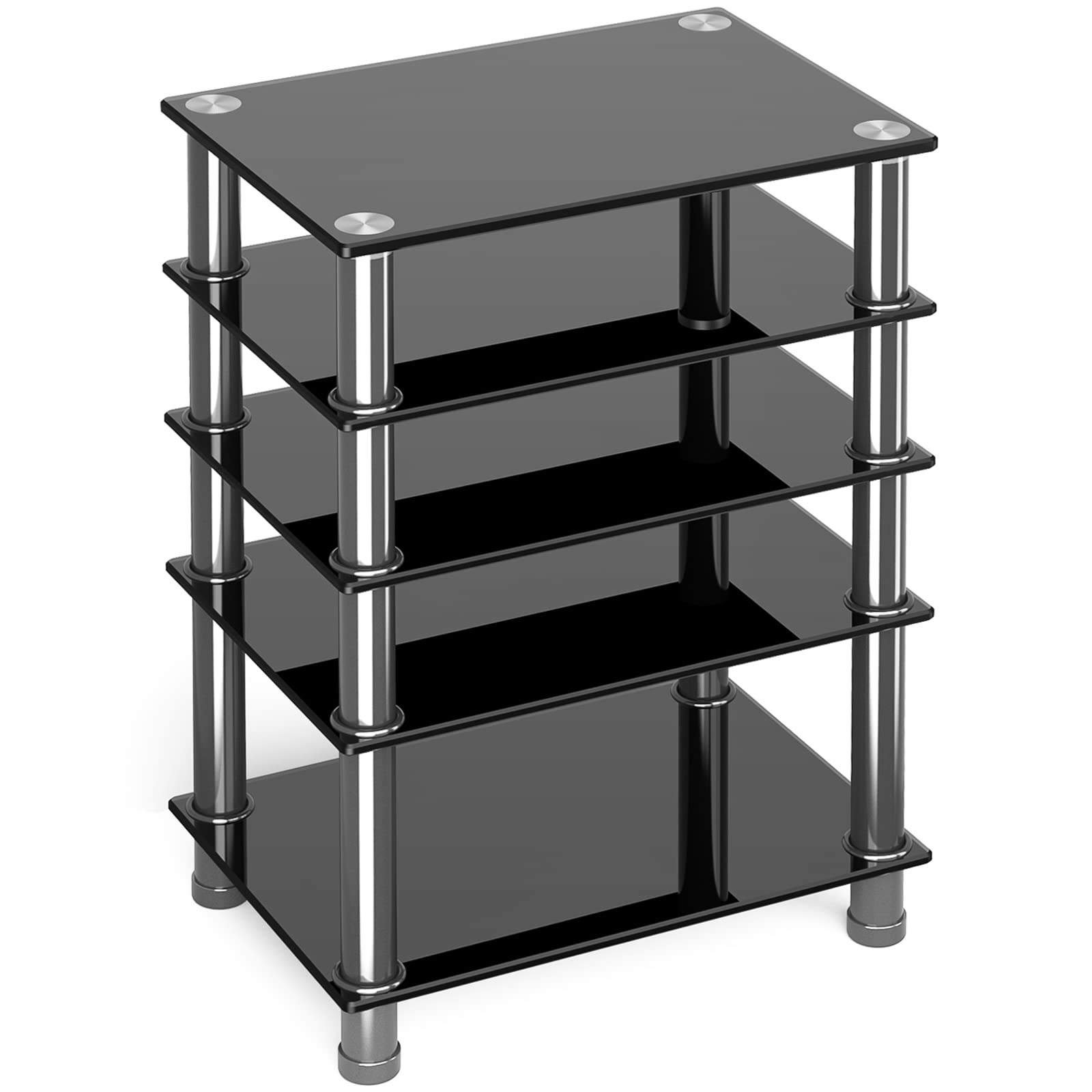 5-Tier Tempered Glass AV Media Stand - Modern Entertainment Center Cabinet for Stereo Components, TV & Gaming Equipment - Durable Audio Video Rack for Living Room, Home Theater & Recording Studio - Perfect for Organizing Electronics & Enhancing Entertainment Spaces