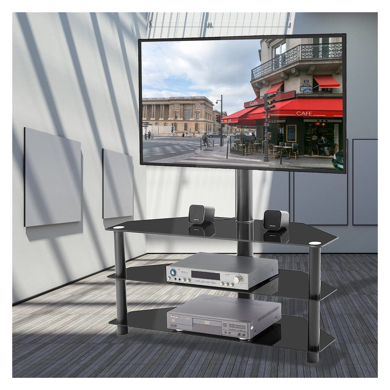 WHNB 3-Tier Adjustable Height TV Stand with Swivel Bracket - Universal Mount for Bedroom & Living Room - Holds Multiple Media Devices (Black) - Perfect for Small Spaces & Home Theater Setups