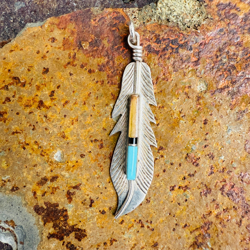Sterling Silver Turquoise Feather Pendant - Southwestern Style Jewelry with Channel Inlay | Perfect for Necklaces, Gifts & Boho Fashion Accessories