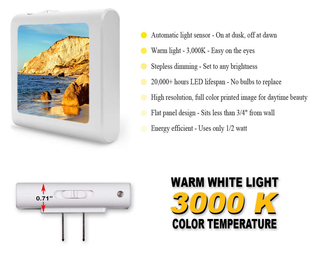 Dimmable LED Night Light with Auto On/Off Sensor, Adjustable Brightness & Warm White Light - Perfect for Bathroom, Hallway, Nursery, Bedroom - White Rock Cliff Beachside Design - Create Cozy Ambiance for Nighttime Safety & Comfort