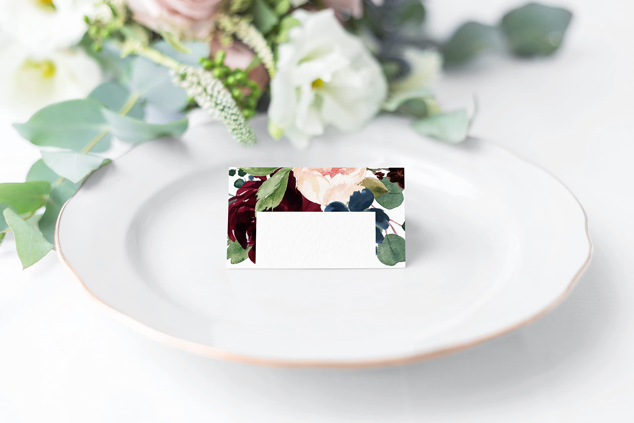 100 Burgundy Floral Wedding Place Cards - 2.5x3 Inch Scored Escort & Seating Cards - Ready to Use for Reception, Bridal Shower & Formal Events