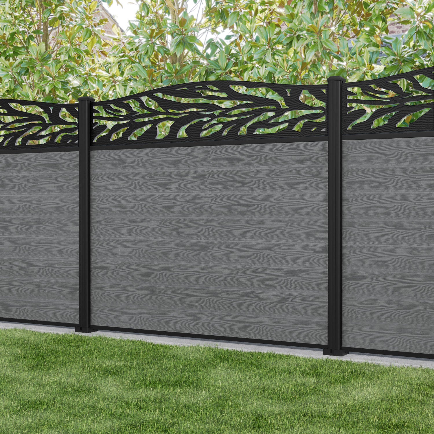 Classic Malawi Curved Top Fence Panel - Mid Grey with Aluminum Posts | Durable Garden Fencing for Backyard Privacy & Decoration