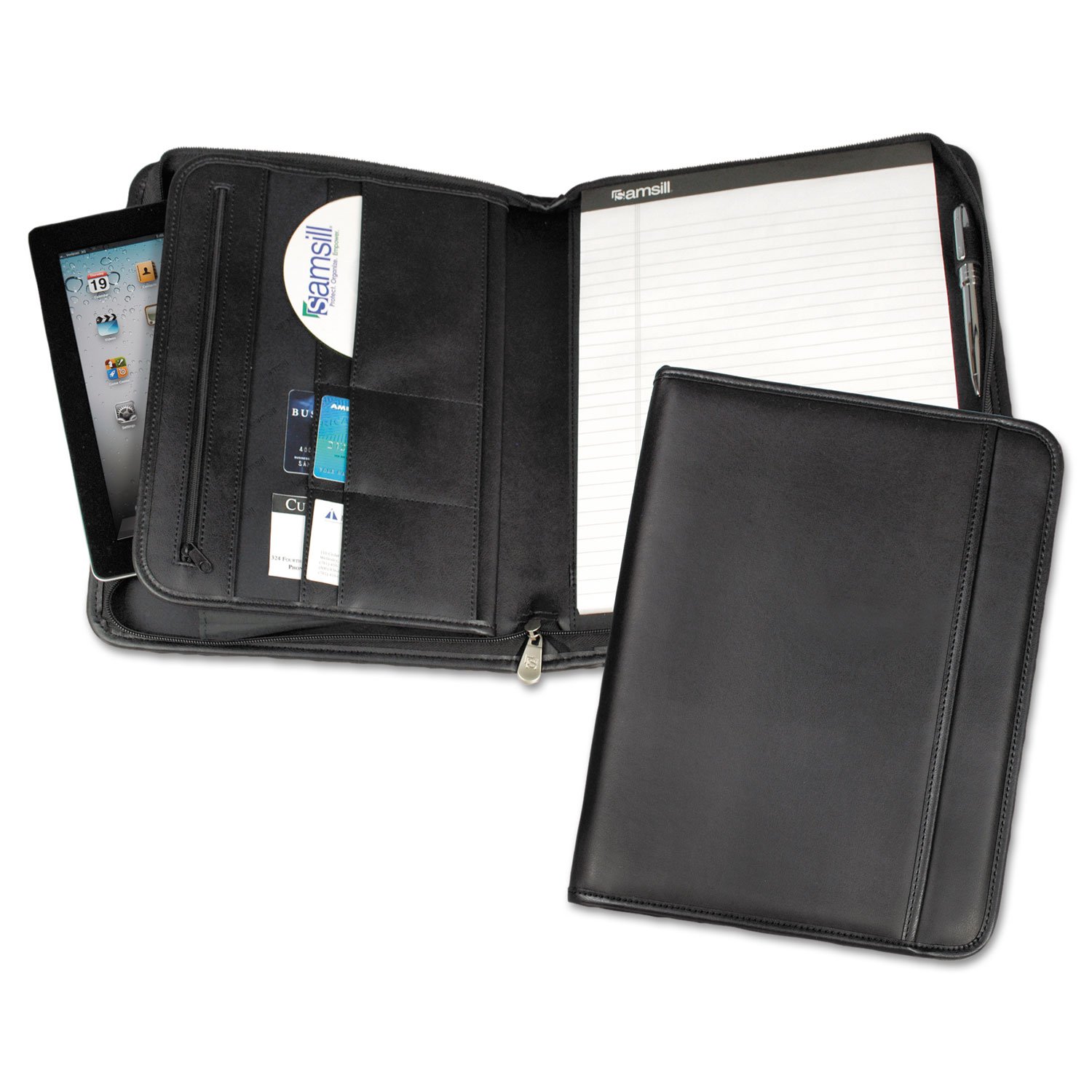 Samsill 70820 Professional Zippered Pad Holder with Multiple Pockets & Slots - Black Leather Writing Pad Organizer for Office, School & Business Meetings