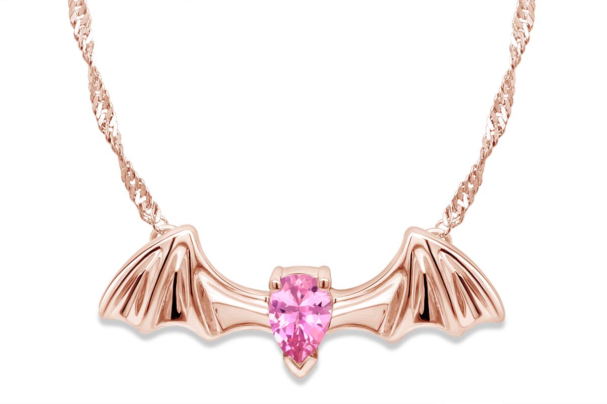 925 Sterling Silver Pear Shape Simulated CZ Flying Bat Pendant Necklace - Elegant Gothic Jewelry for Halloween, Cosplay & Vampire Themed Parties
