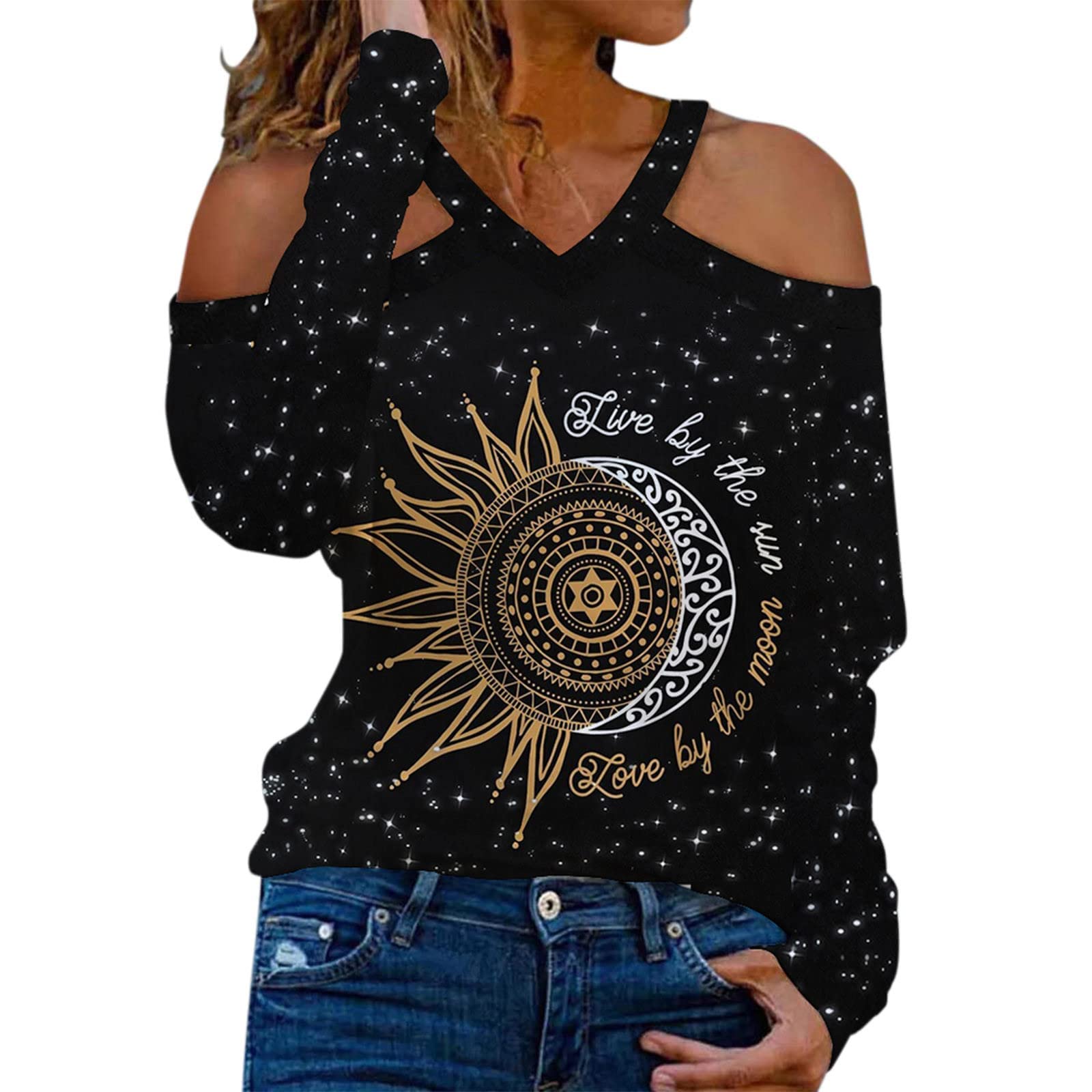 Wirziis Women's Sexy Cold Shoulder Hollow Out Halter V-Neck Long Sleeve Vintage Printed Tunic Top | Spring Summer Fashion Blouse for Party, Date Night & Casual Outfits
