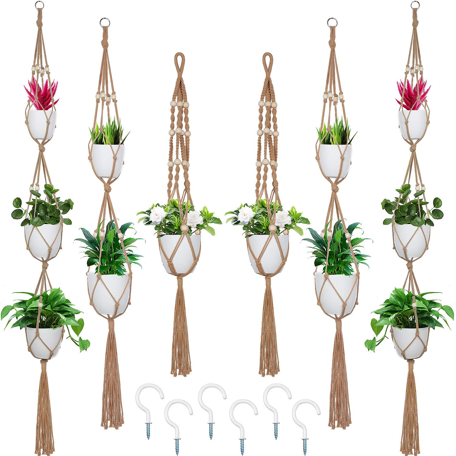 6-Piece Macrame Plant Hangers Set with Hooks - Handmade Boho Rope Hanging Planters for Indoor & Outdoor Decor - Multi-Tier Flower Pot Holder Stand for Living Room, Balcony, Garden (Flaxen)