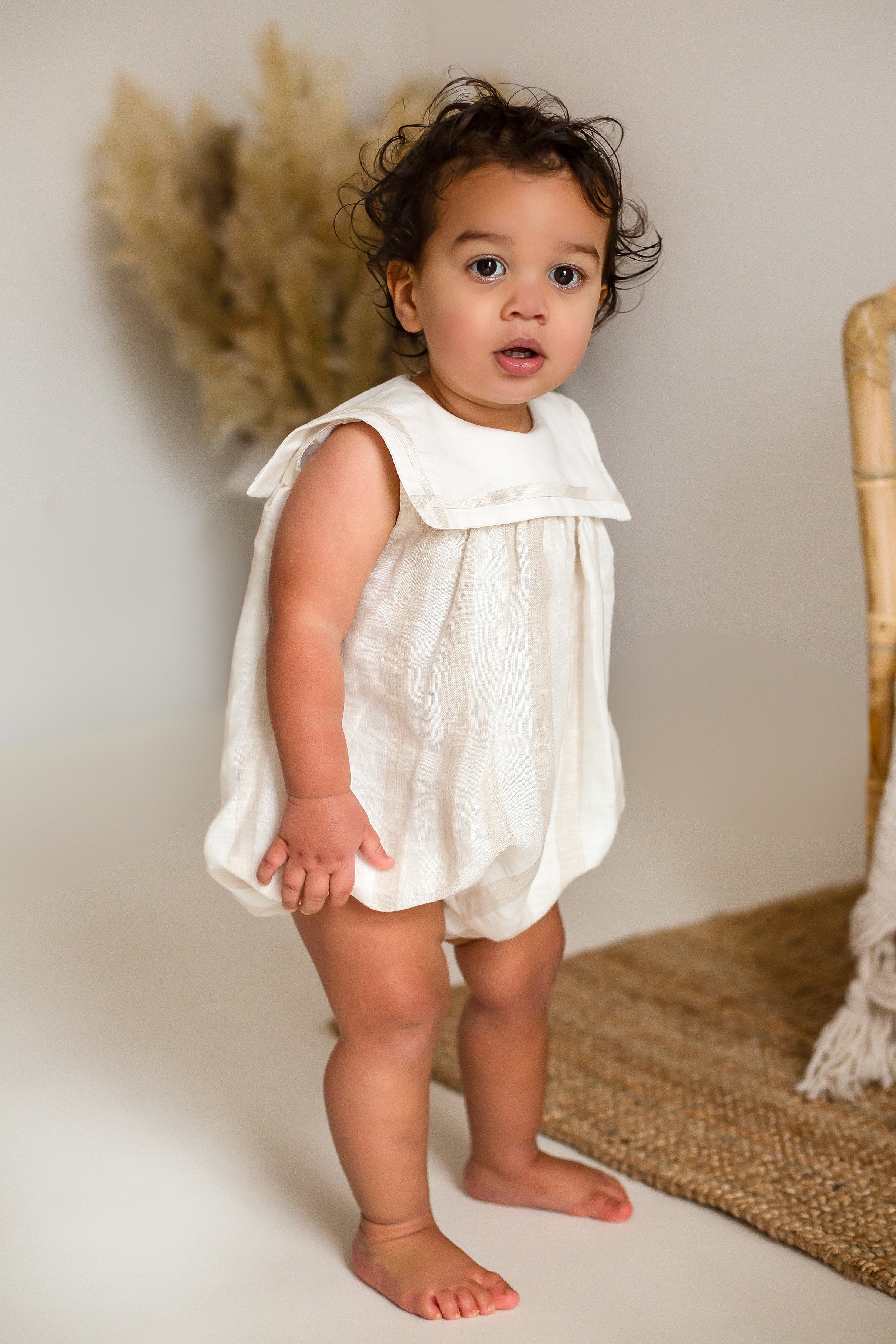 Miles Ivory & Beige Striped Sailor Romper for Baby Girls - Cute One-Piece Outfit for Summer, Beach, and Photo Shoots