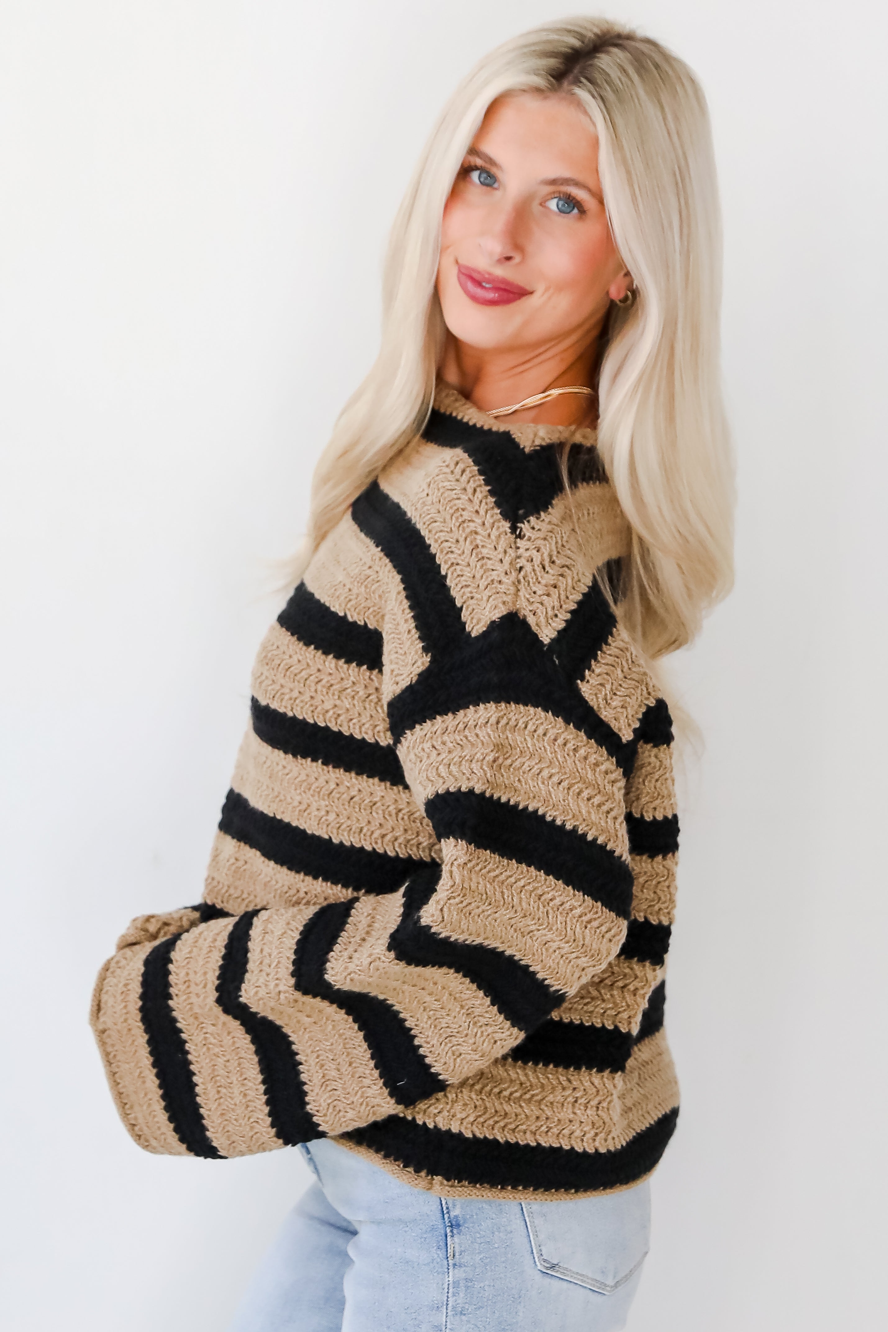 Cozy Warmth Taupe Striped Sweater for Women - Soft Winter Knit Pullover - Perfect for Casual Outfits & Holiday Gatherings
