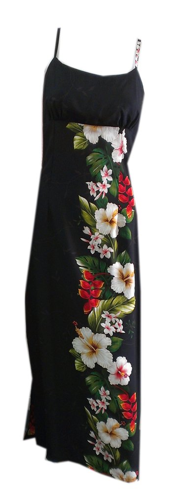 Women's Hawaiian Hibiscus Print Long Spaghetti Strap Dress - Black - XS | Beach Vacation, Summer Party, Casual Outfit