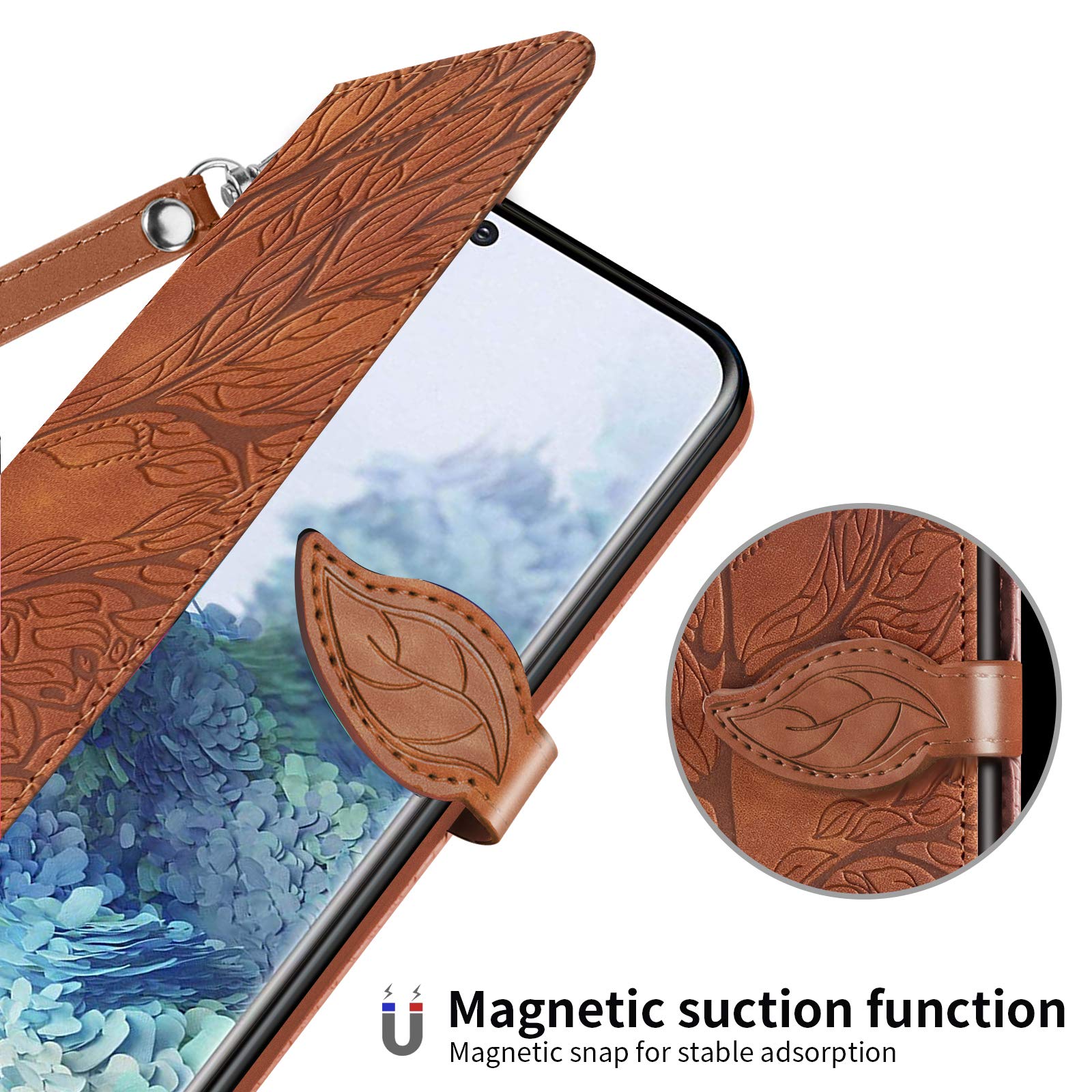 Samsung Galaxy S20 5G Wallet Case - PU Leather Folio Flip Cover with Card Slots & Kickstand, Wrist Strap - Tree of Life Brown - Perfect for Business, Travel & Everyday Protection