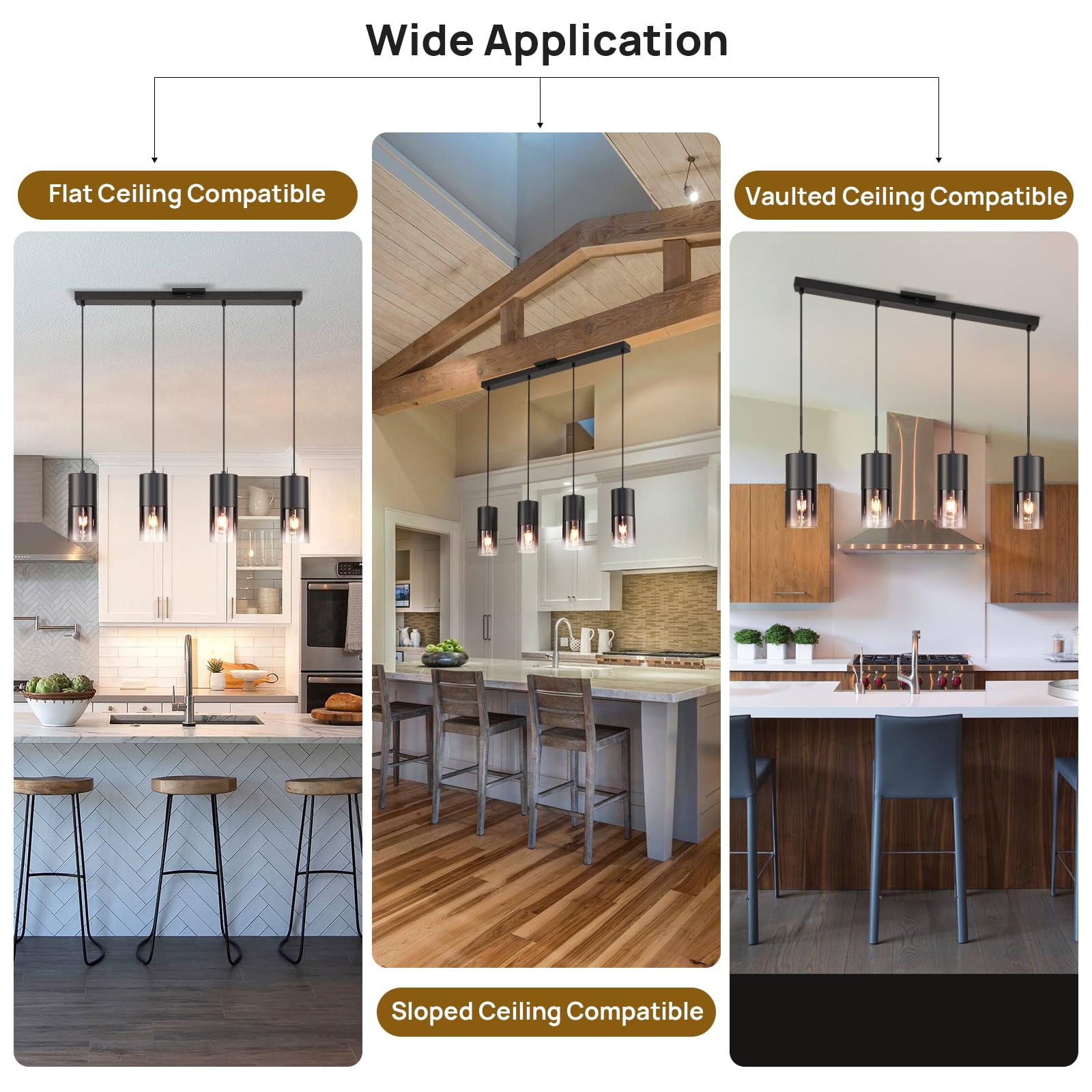 Industrial Black Glass Pendant Light - Farmhouse Kitchen Island Lighting with 3 E26 Bulbs & 59