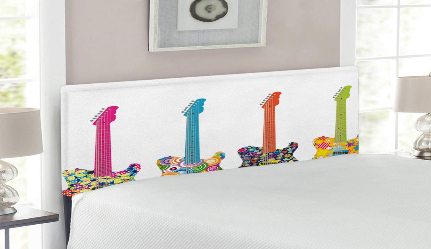 Ambesonne Popstar Party Headboard - Queen Size Upholstered Metal Bed Frame with Memory Foam | Colorful Electric Guitar & Floral Abstract Design | Perfect for Music Lovers' Bedroom Decor & Teenager Room Makeover