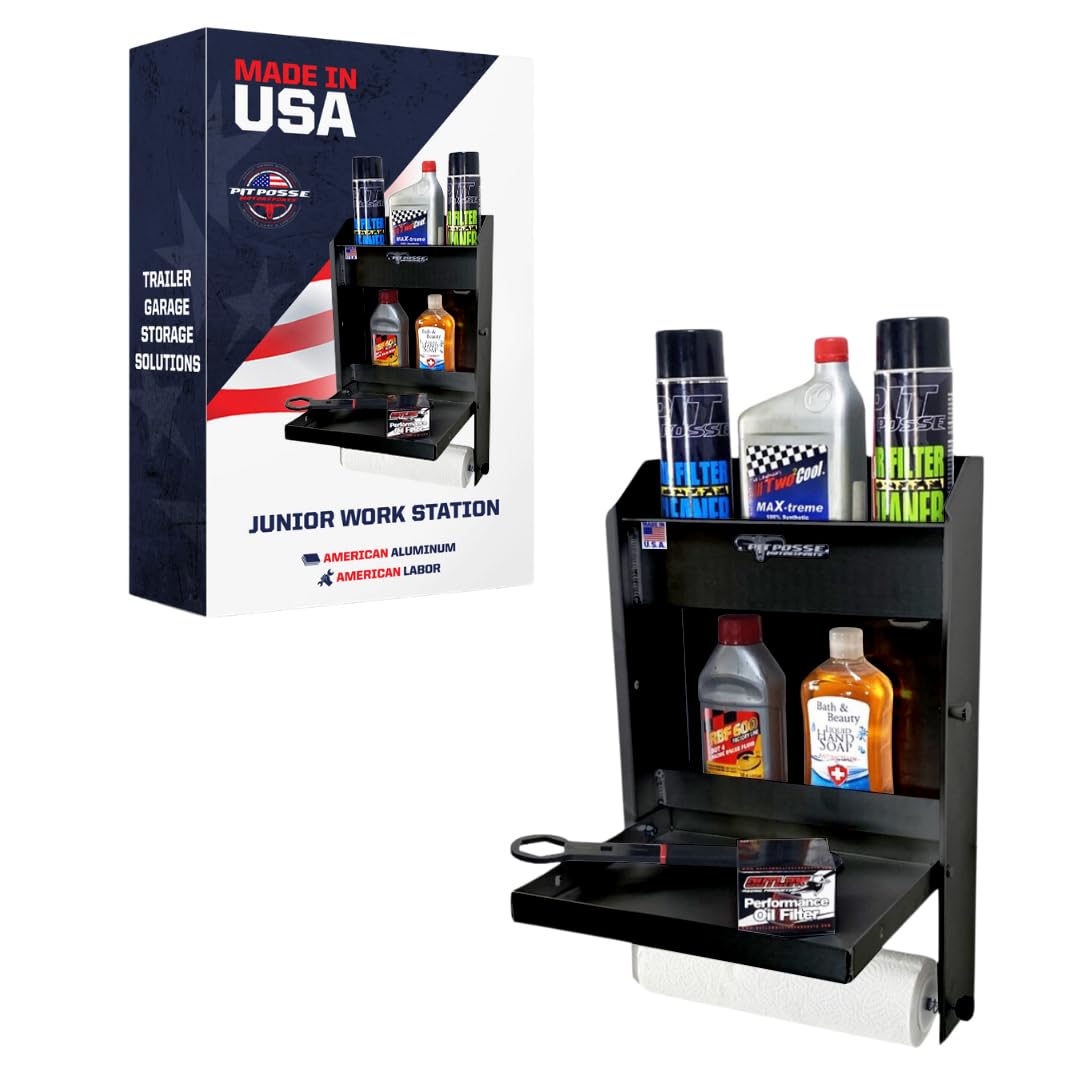 Pit Posse 458BK Jr Work Station Storage Cabinet Shelf Rack Holder Caddy - Heavy Duty Aluminum Garage Organizer for Mechanics, Race Trailers & Automotive Shops - Made in USA (Black) - Perfect for Tool Storage, Workshop Organization & Vehicle Maintenance