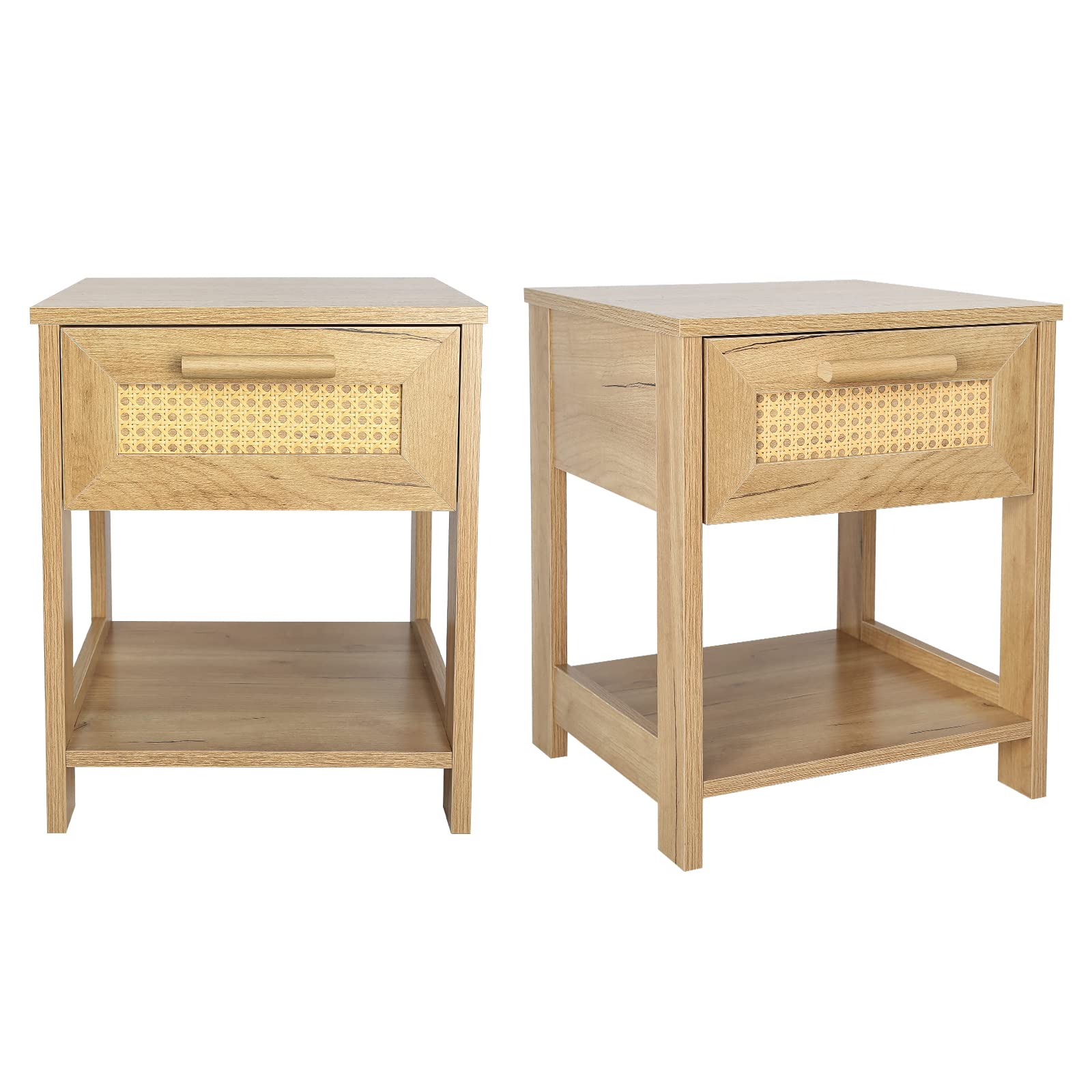 2-Drawer Nightstand Set of 2 - Rattan Bedside Tables for Bedroom Storage