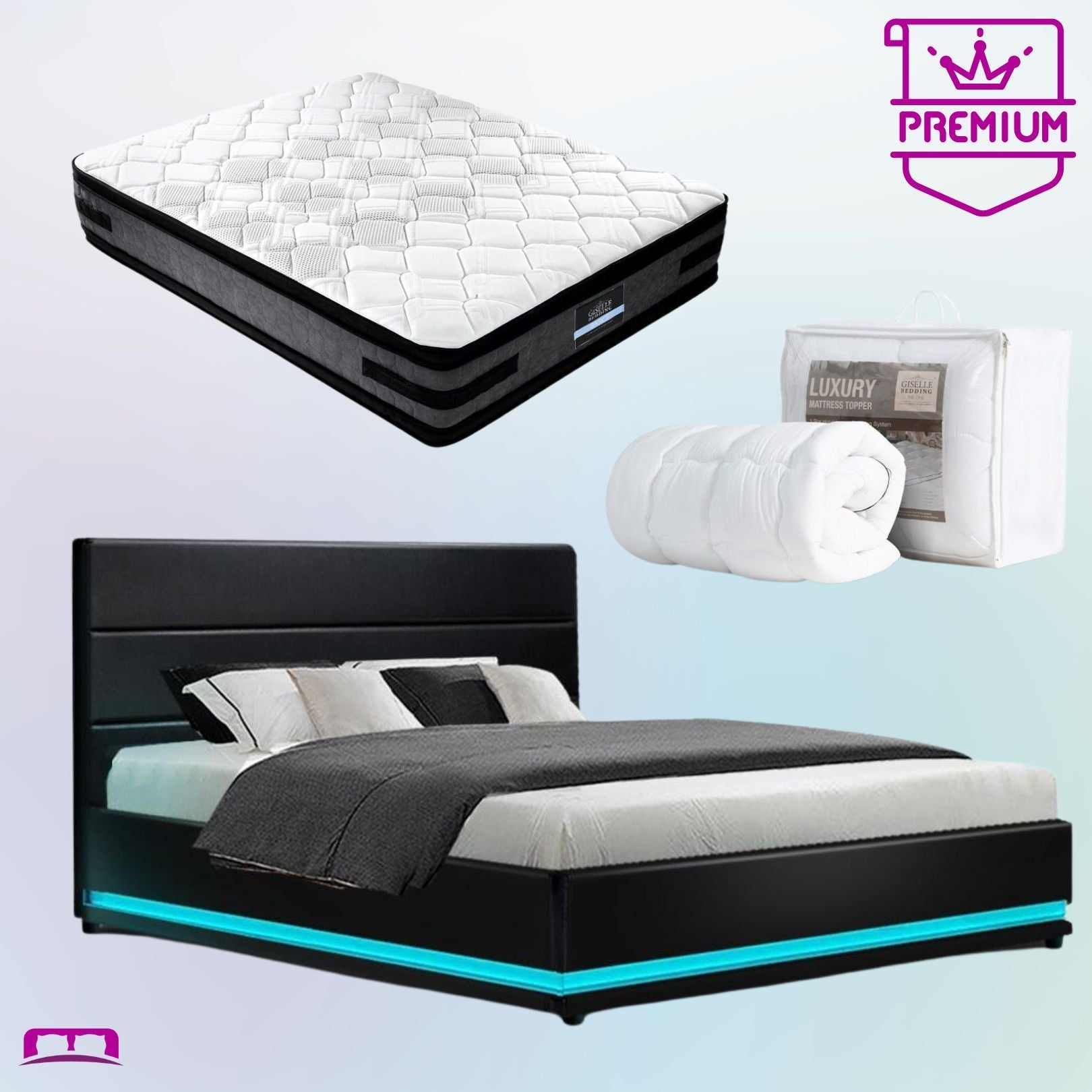 Premium Henley LED Bed Frame in Black with Luna Series Euro Top Medium Firm Mattress & Bamboo Mattress Topper - Complete Bed Set for Modern Bedrooms, Guest Rooms & Dormitories